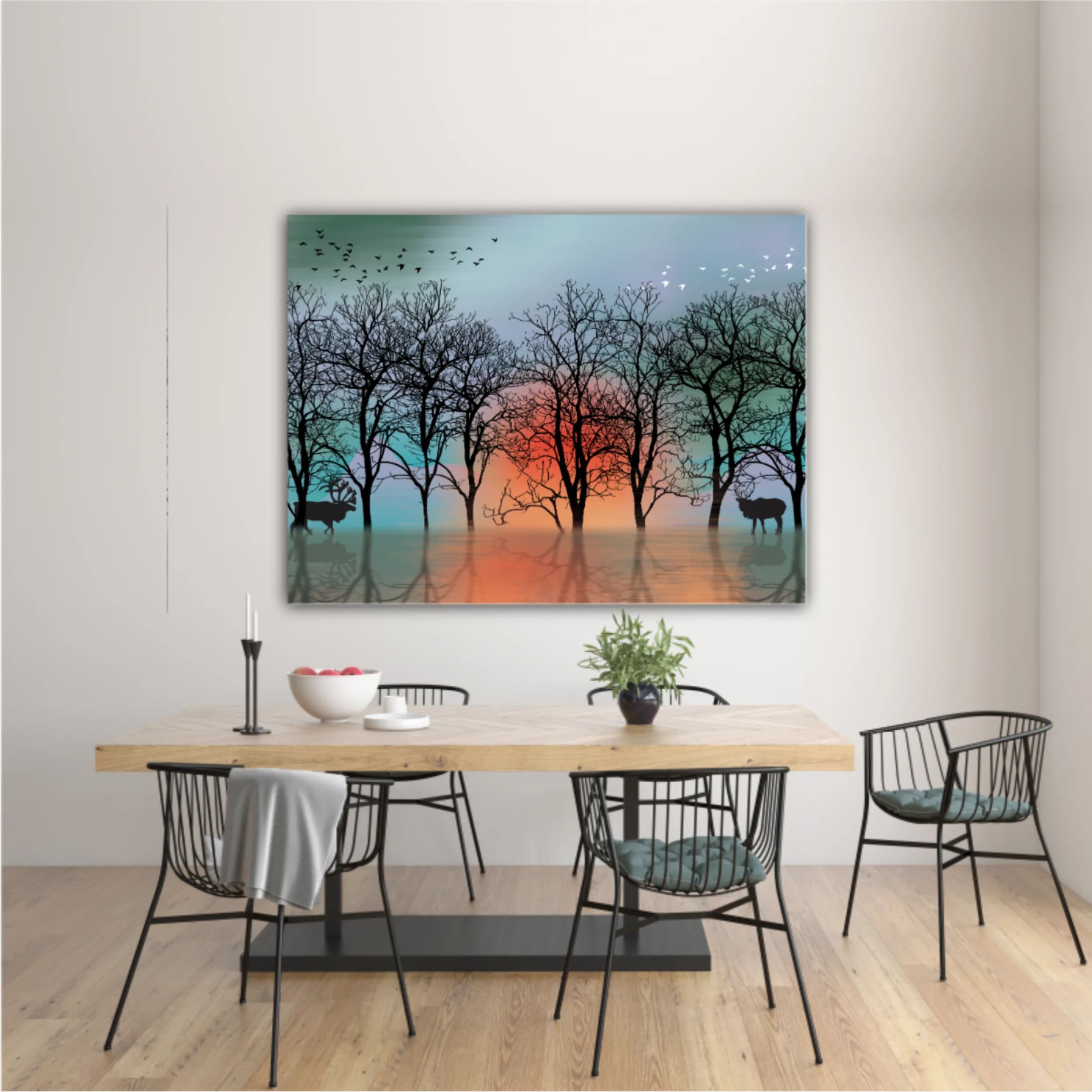 3d illustration of deer and forest, reflection of landscape. Luxurious abstract art digital painting