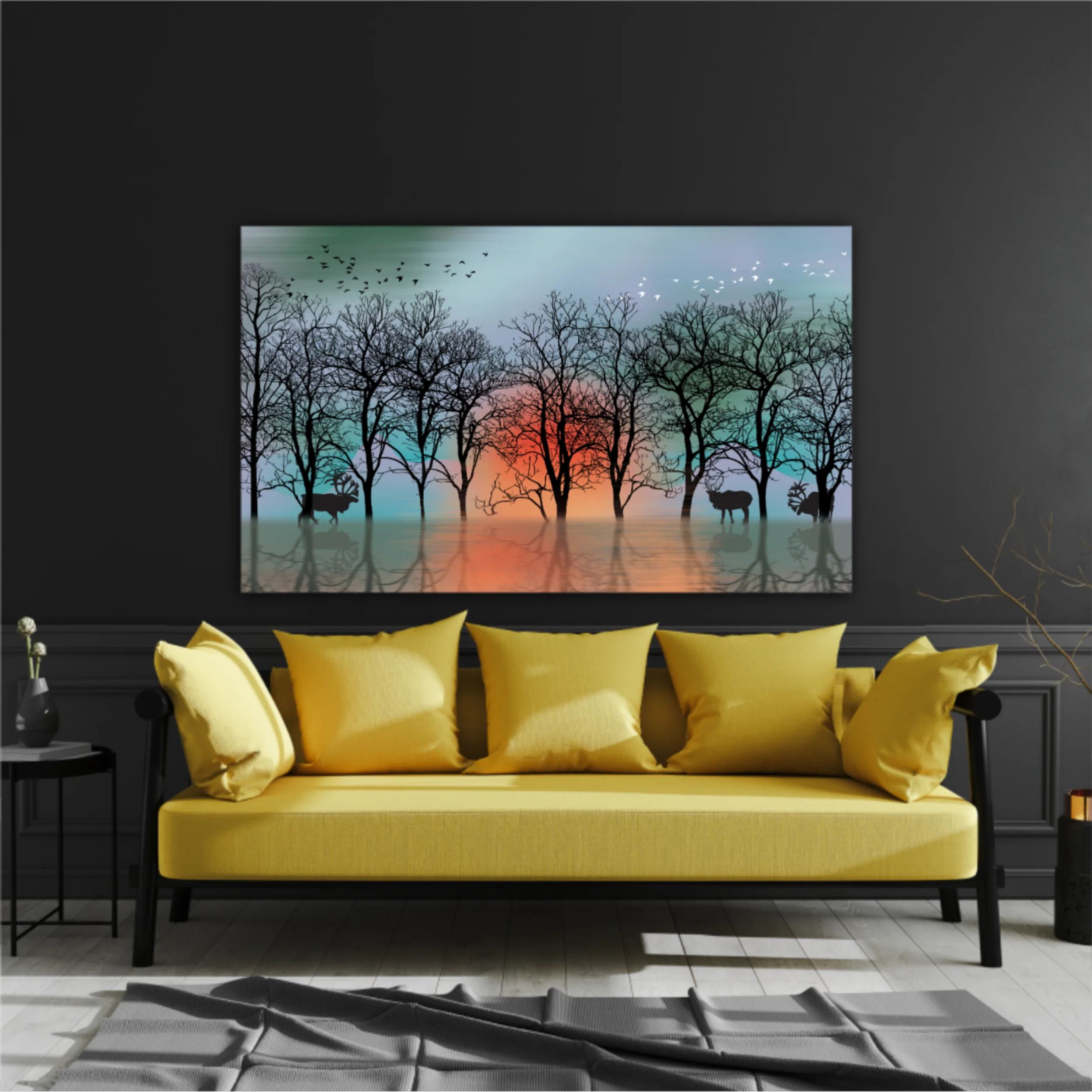 3d illustration of deer and forest, reflection of landscape. Luxurious abstract art digital painting