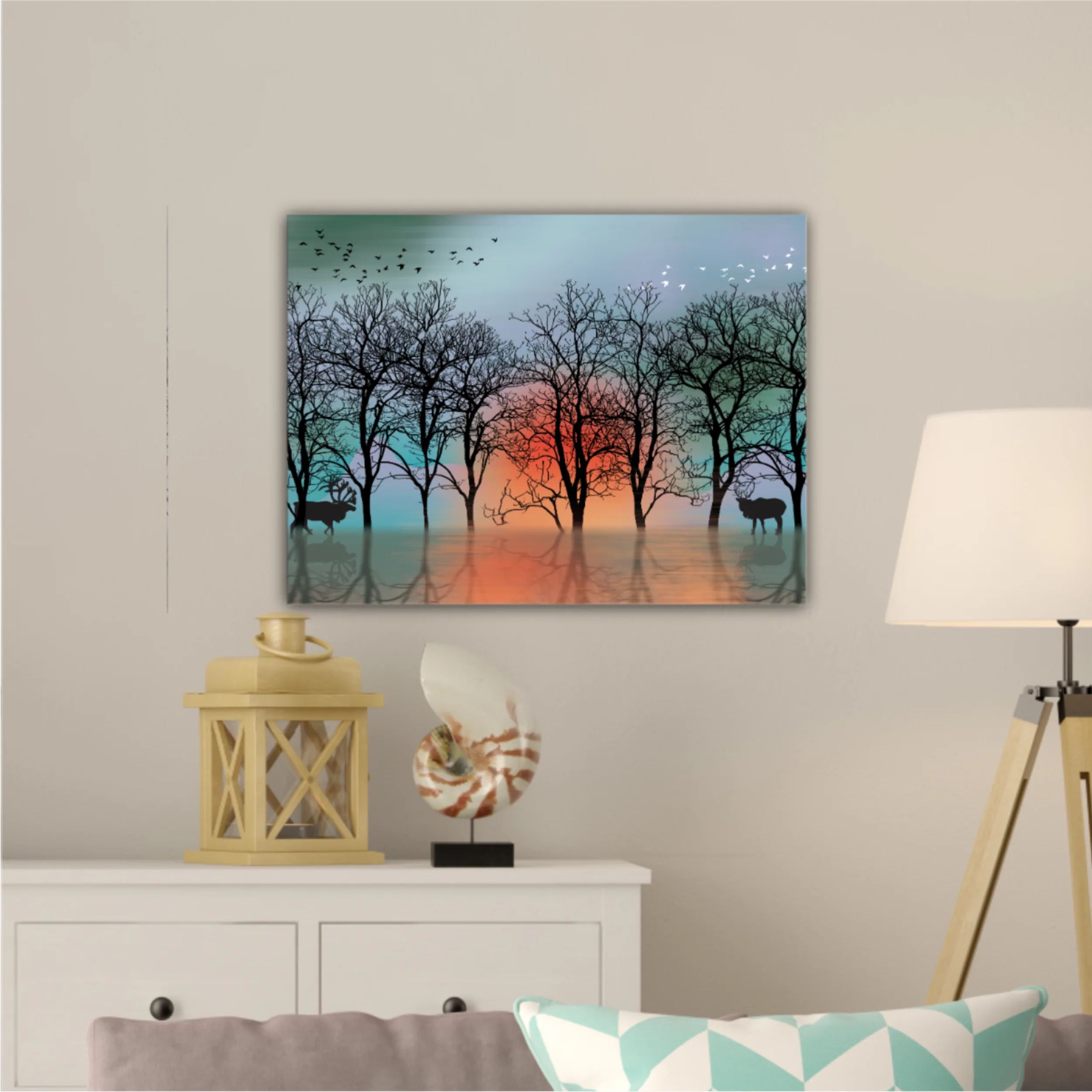 3d illustration of deer and forest, reflection of landscape. Luxurious abstract art digital painting