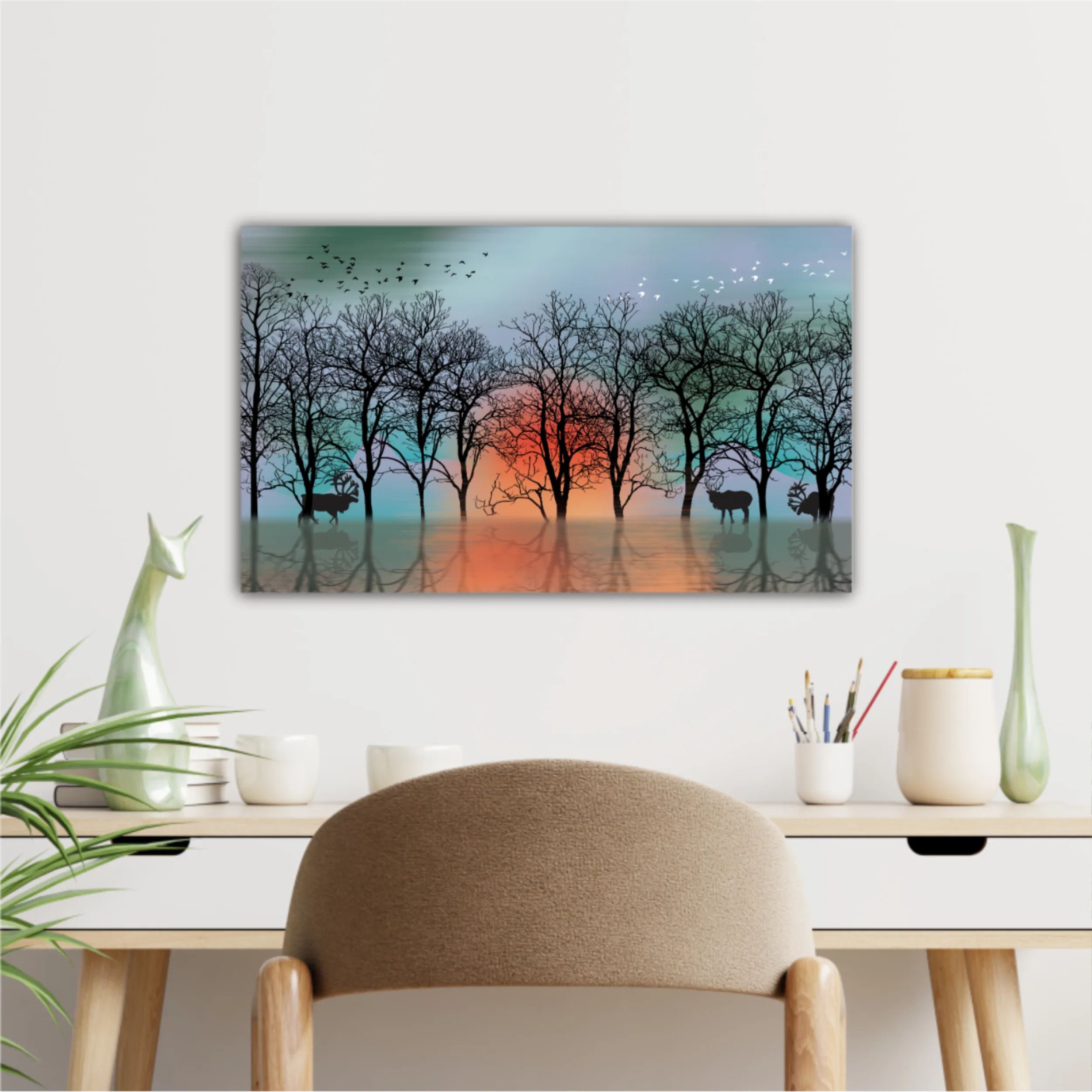 3d illustration of deer and forest, reflection of landscape. Luxurious abstract art digital painting