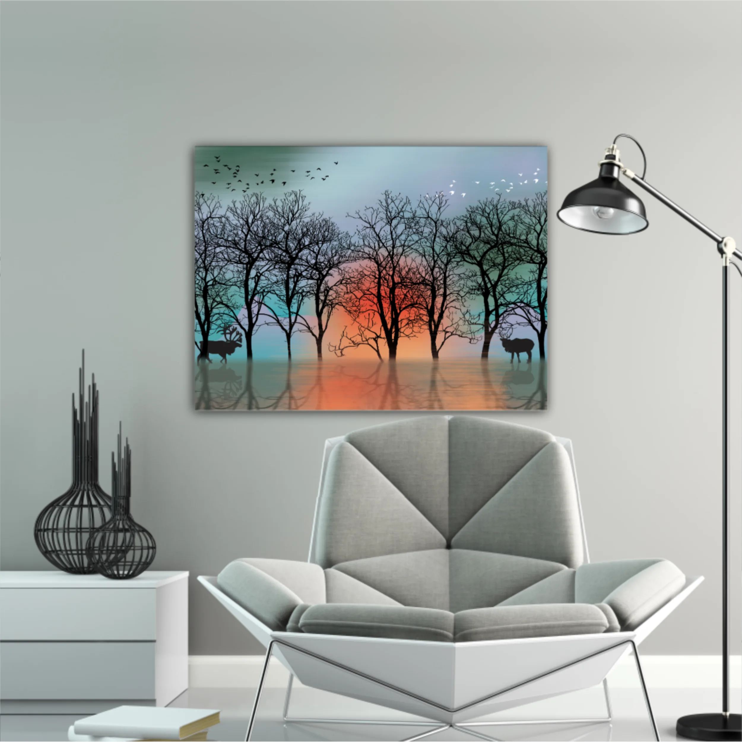 3d illustration of deer and forest, reflection of landscape. Luxurious abstract art digital painting