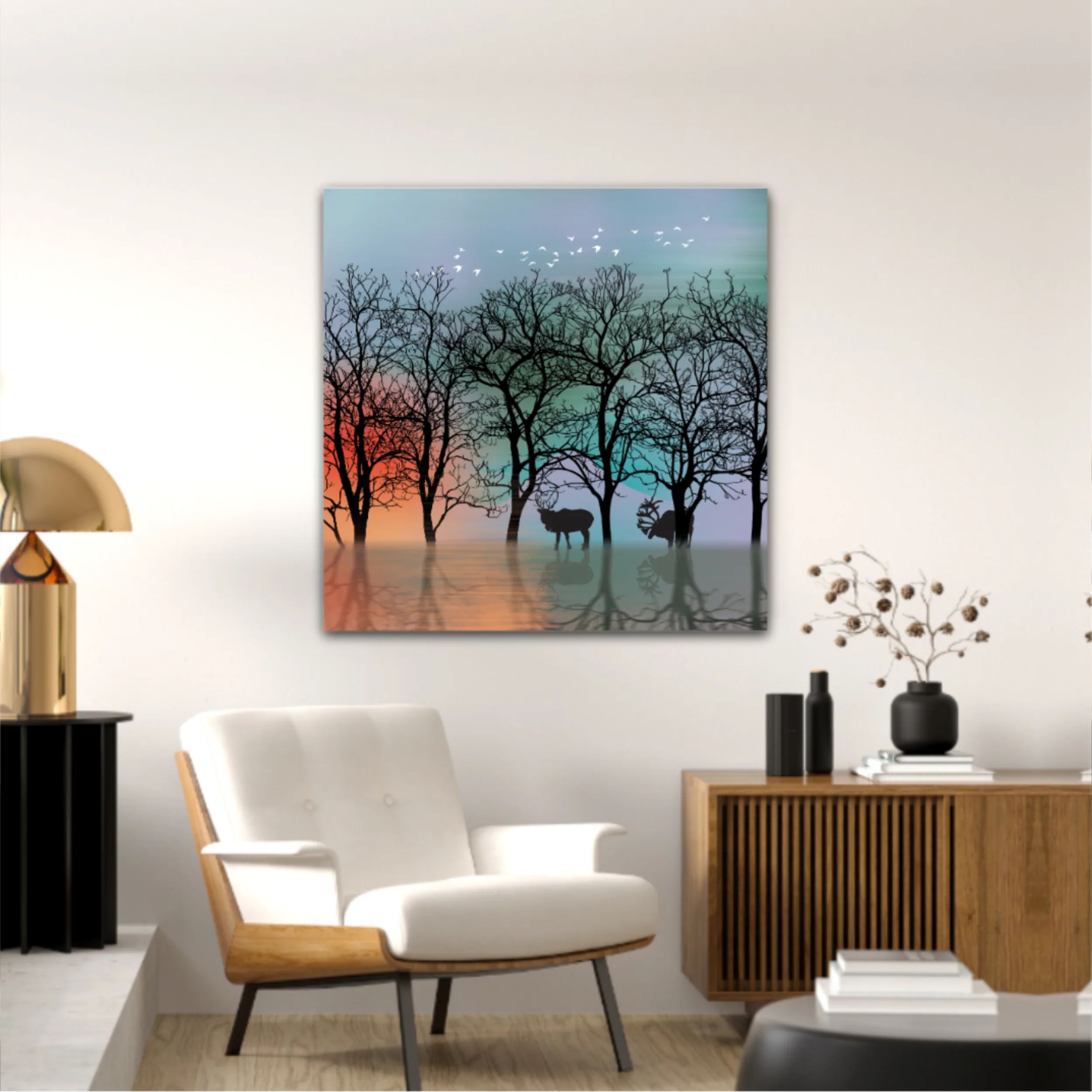 3d illustration of deer and forest, reflection of landscape. Luxurious abstract art digital painting