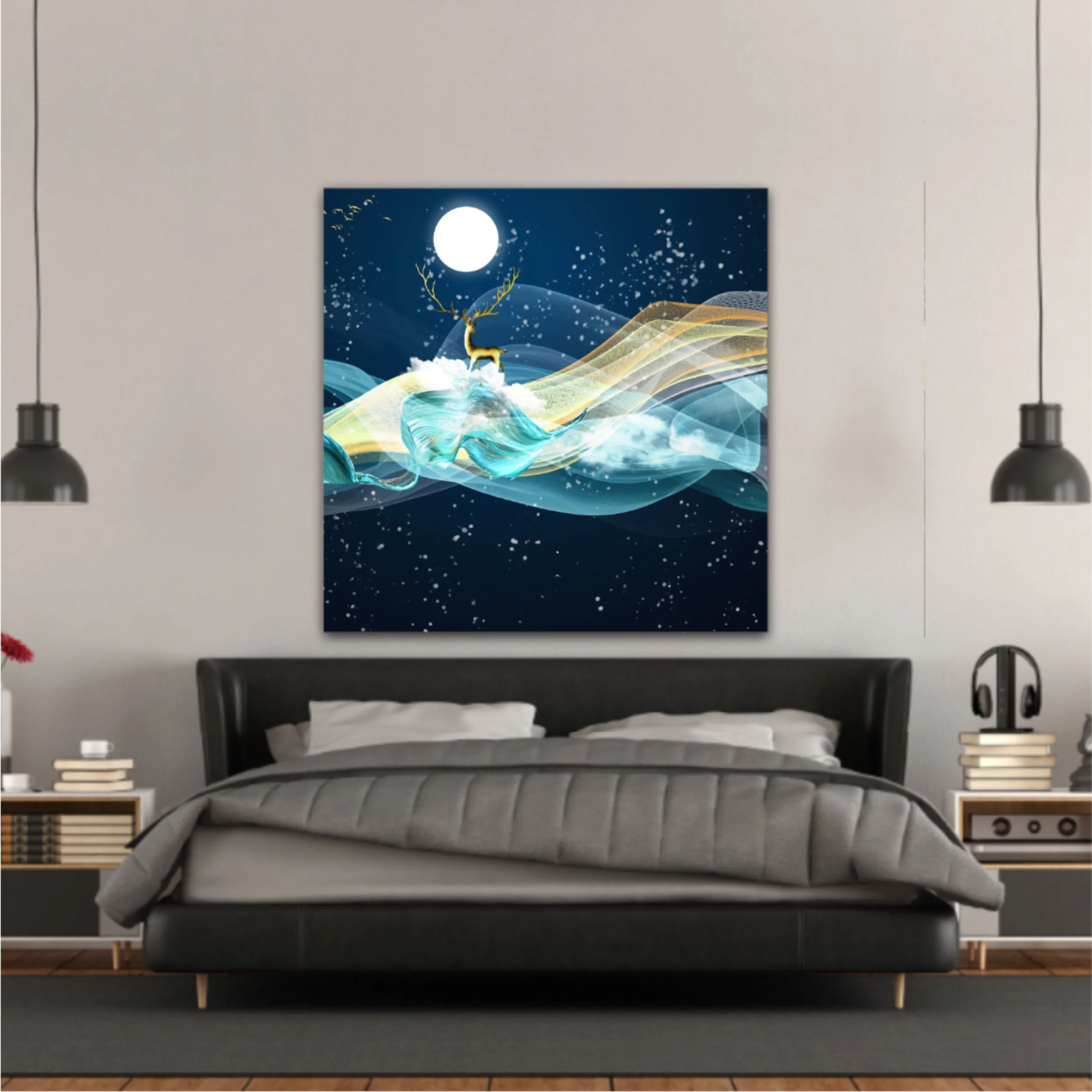 3d illustration of golden deer in the sky. Luxurious abstract art digital painting