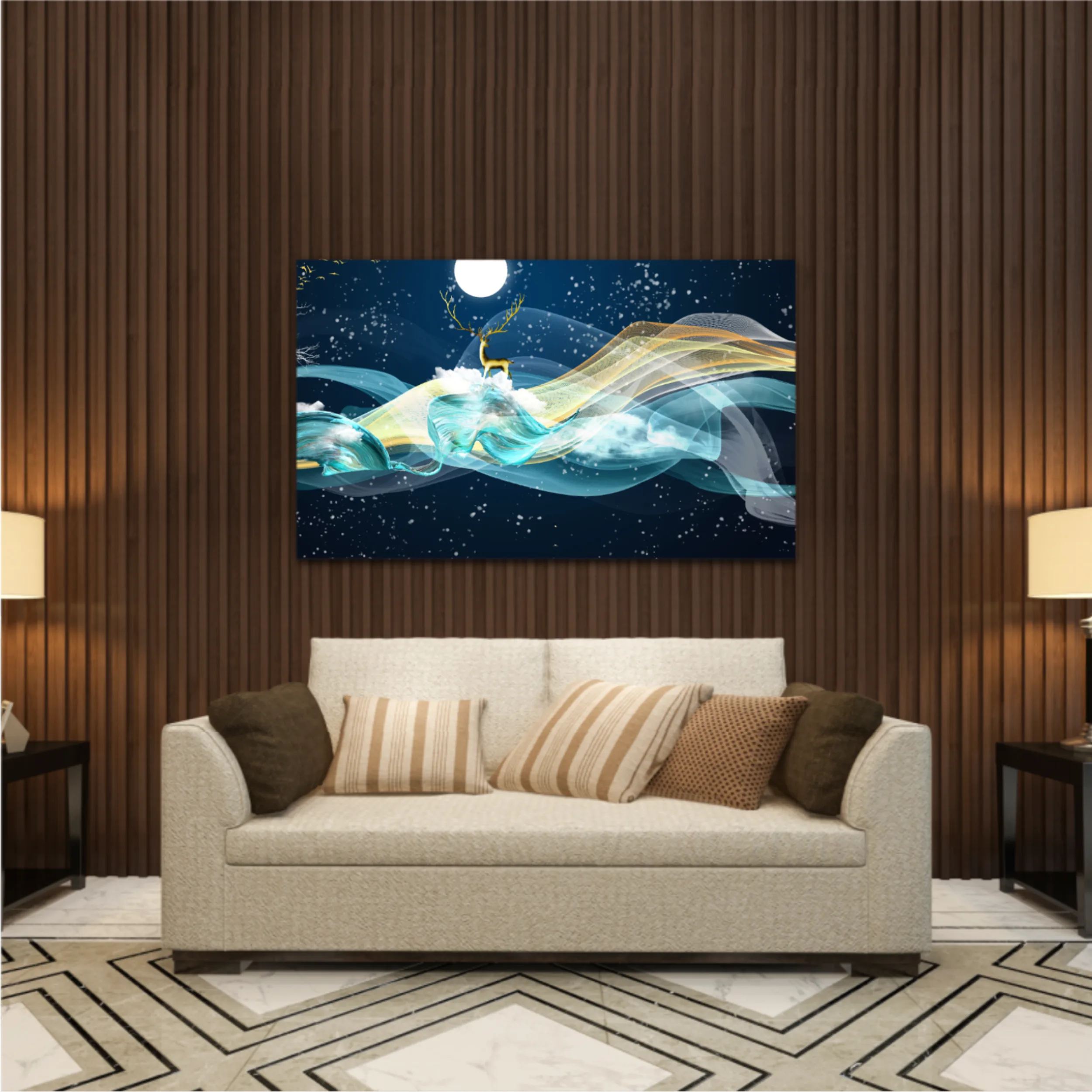 3d illustration of golden deer in the sky. Luxurious abstract art digital painting