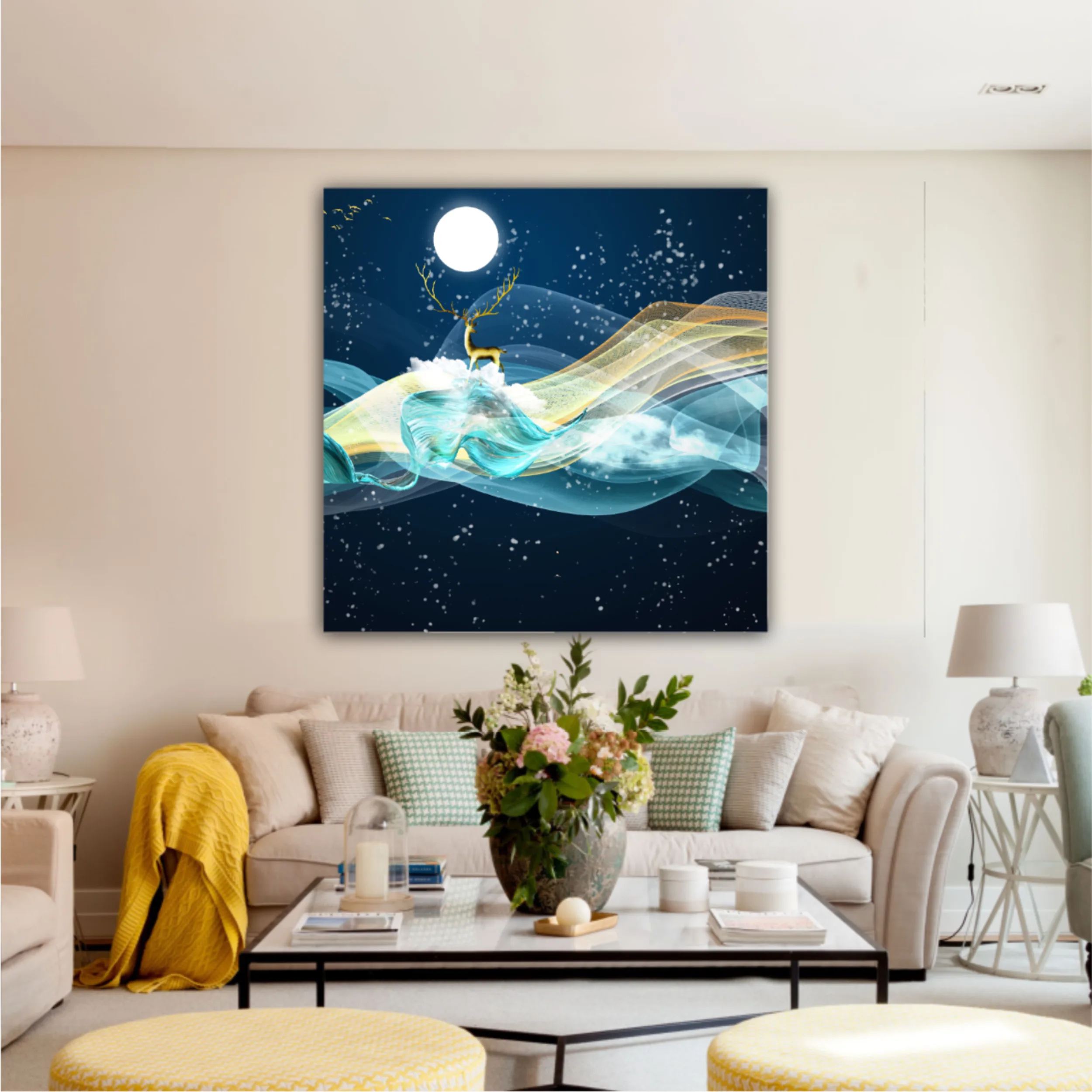 3d illustration of golden deer in the sky. Luxurious abstract art digital painting