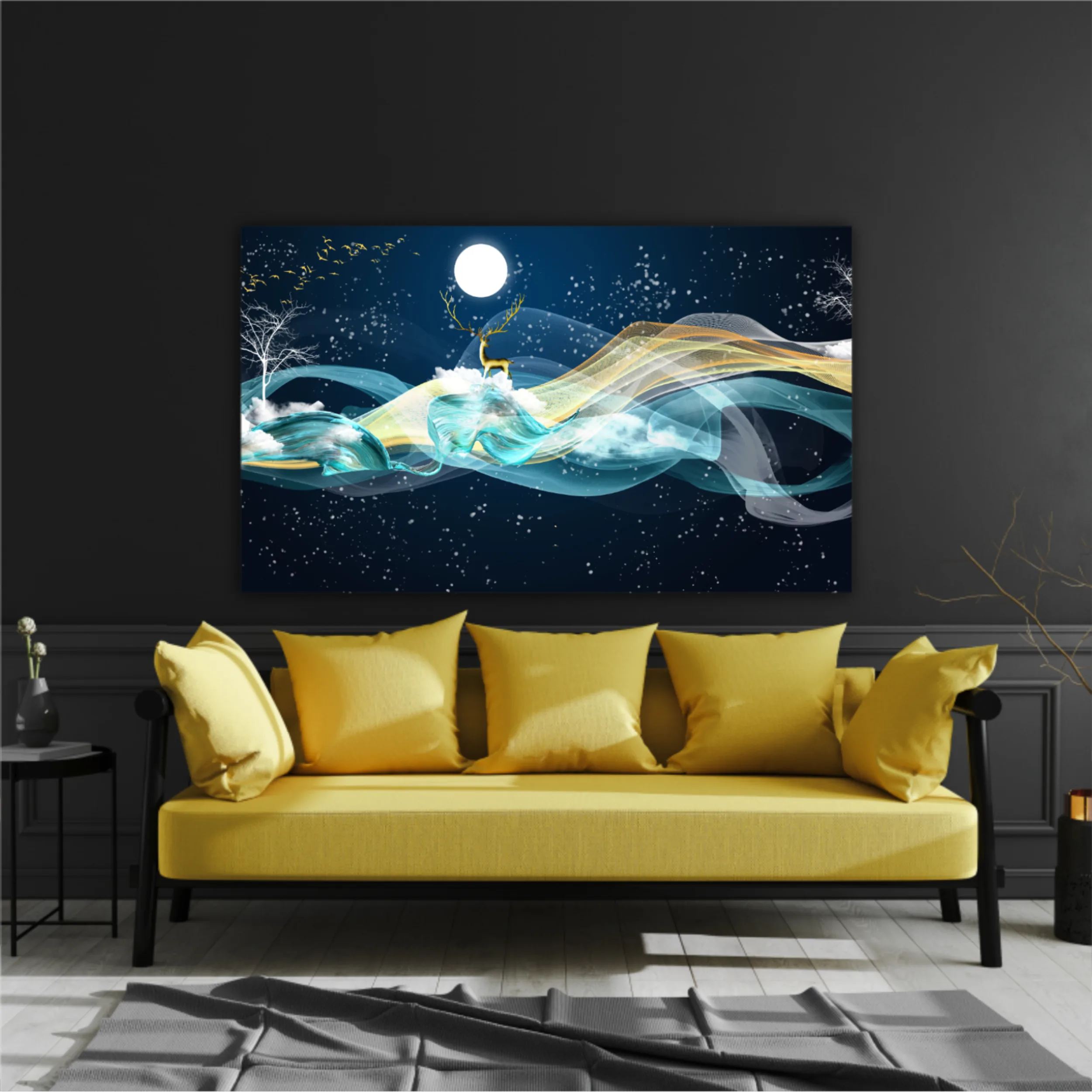 3d illustration of golden deer in the sky. Luxurious abstract art digital painting