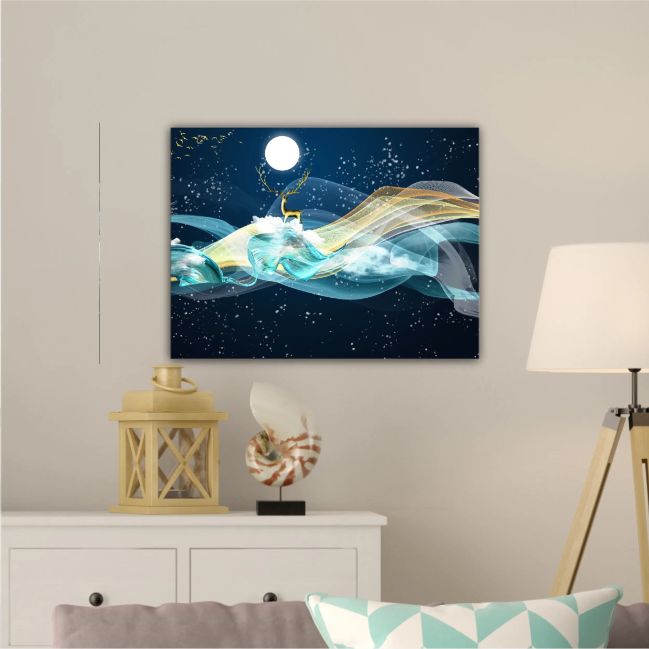 3d illustration of golden deer in the sky. Luxurious abstract art digital painting