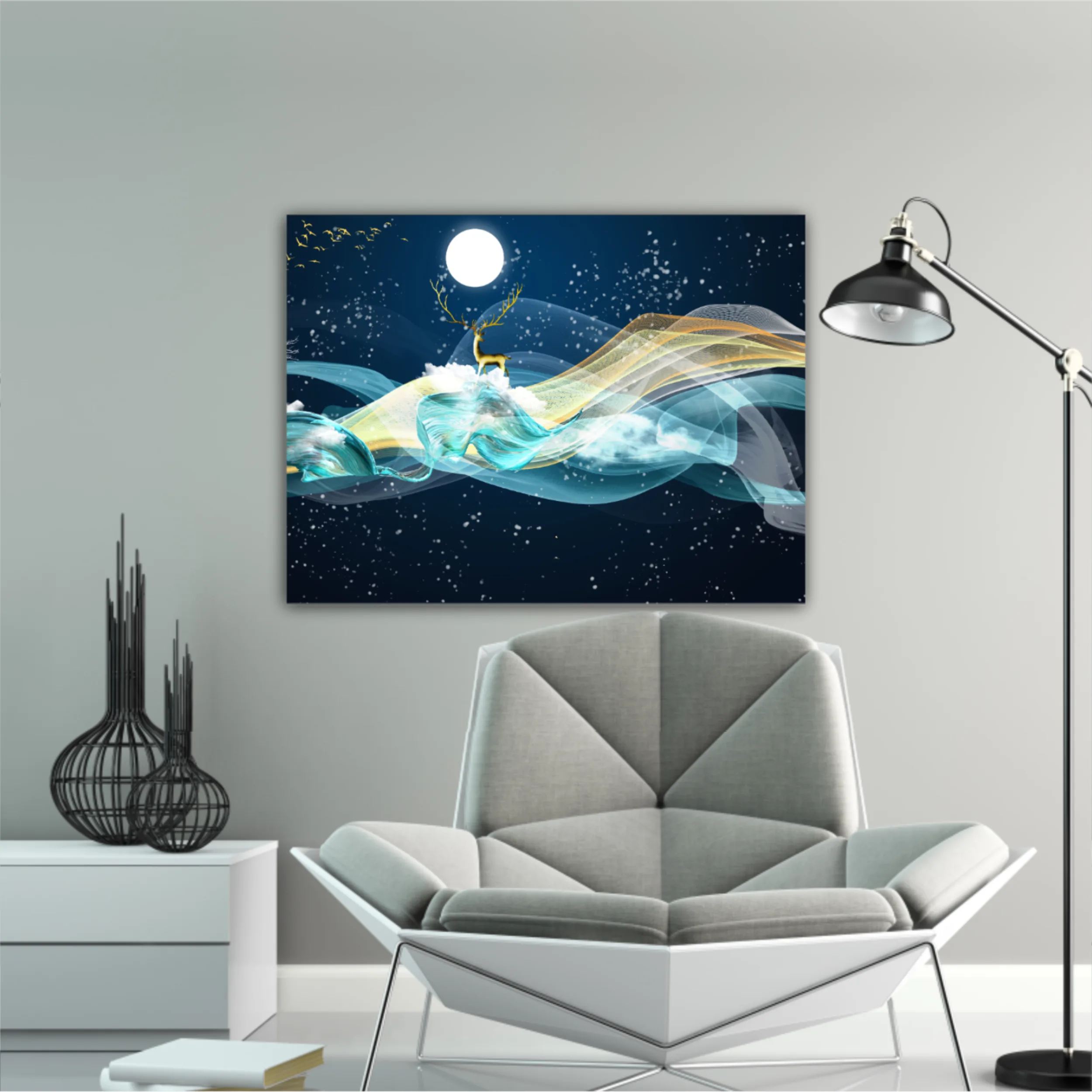 3d illustration of golden deer in the sky. Luxurious abstract art digital painting