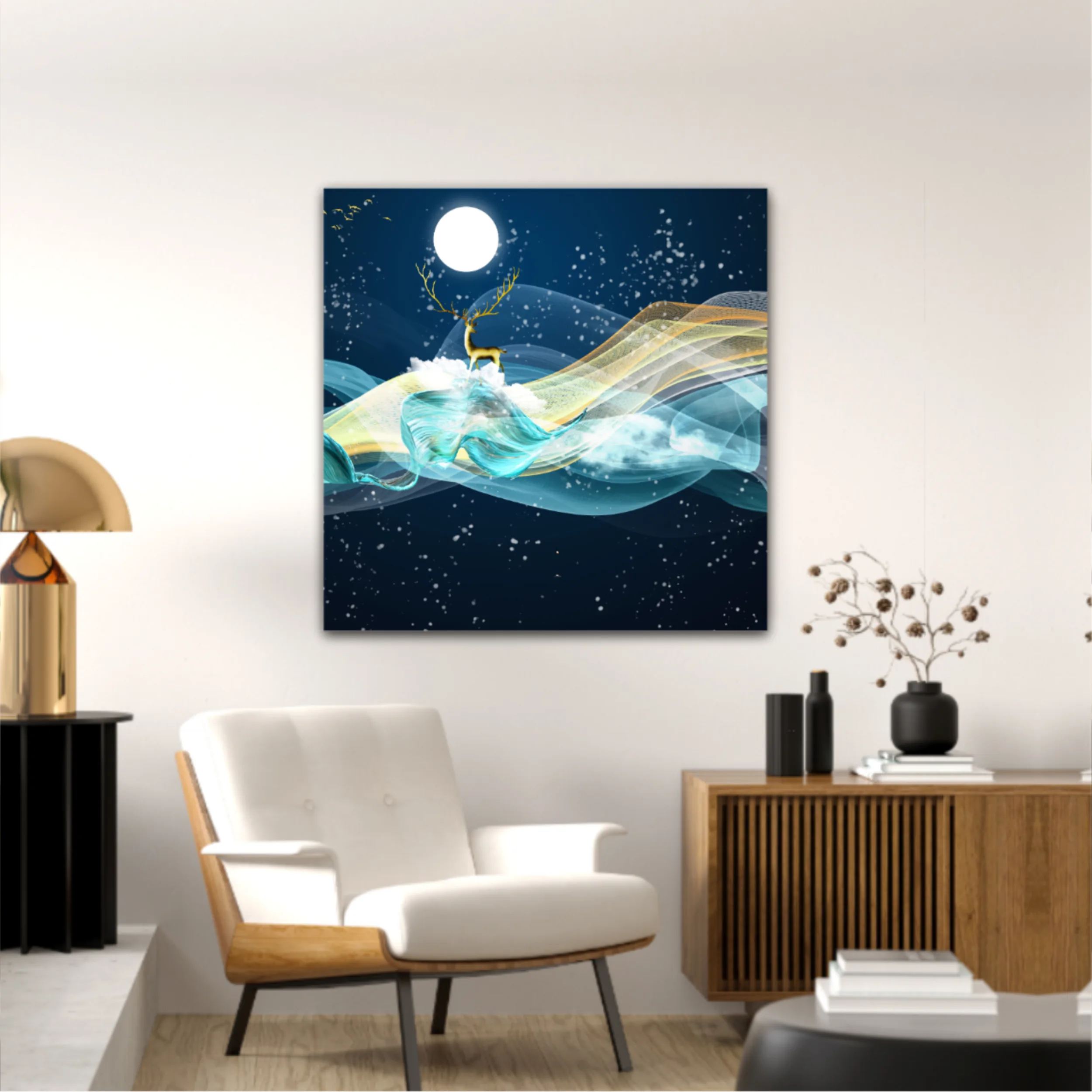 3d illustration of golden deer in the sky. Luxurious abstract art digital painting