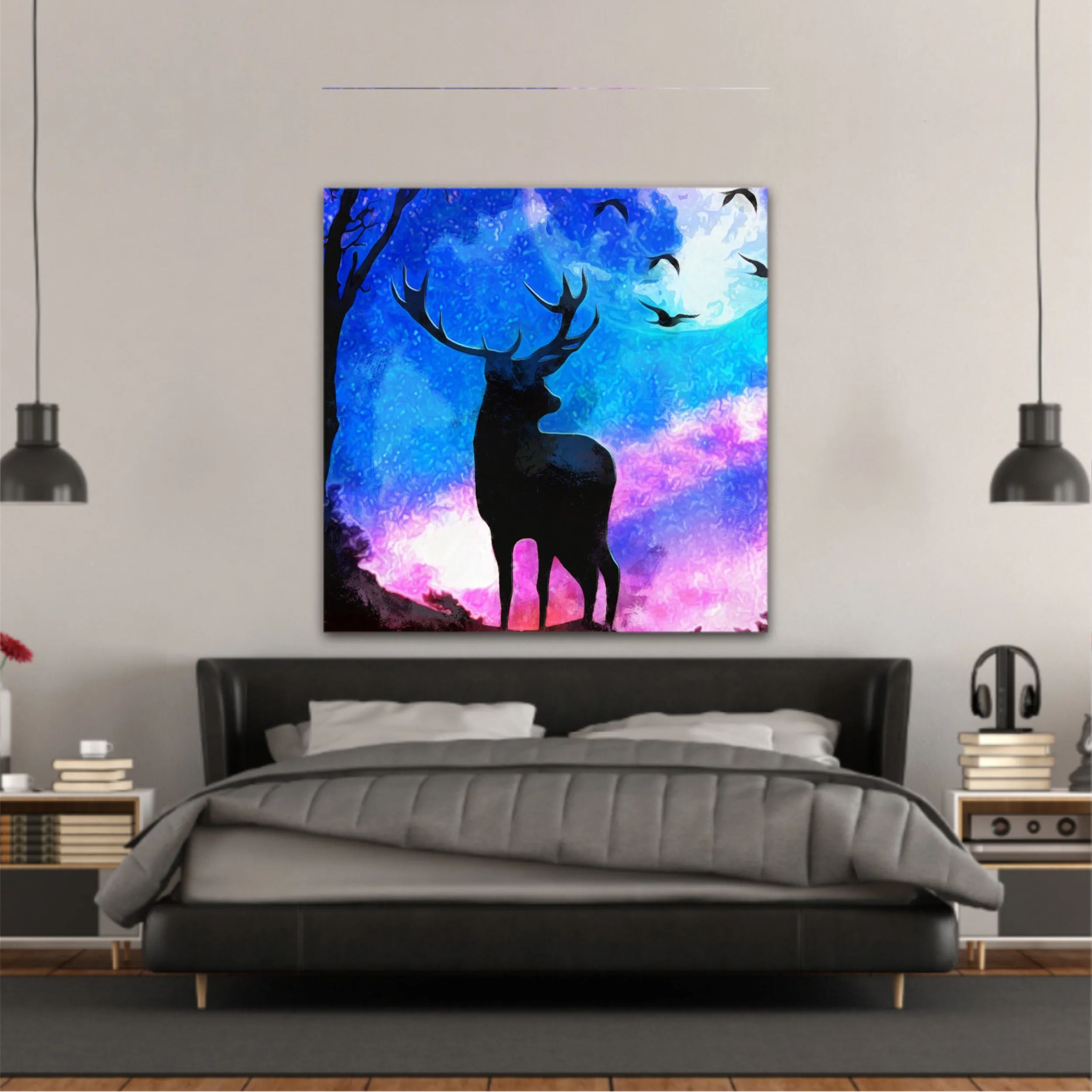 Landscape of the deer in a forest at night with dark blue misty background with moon