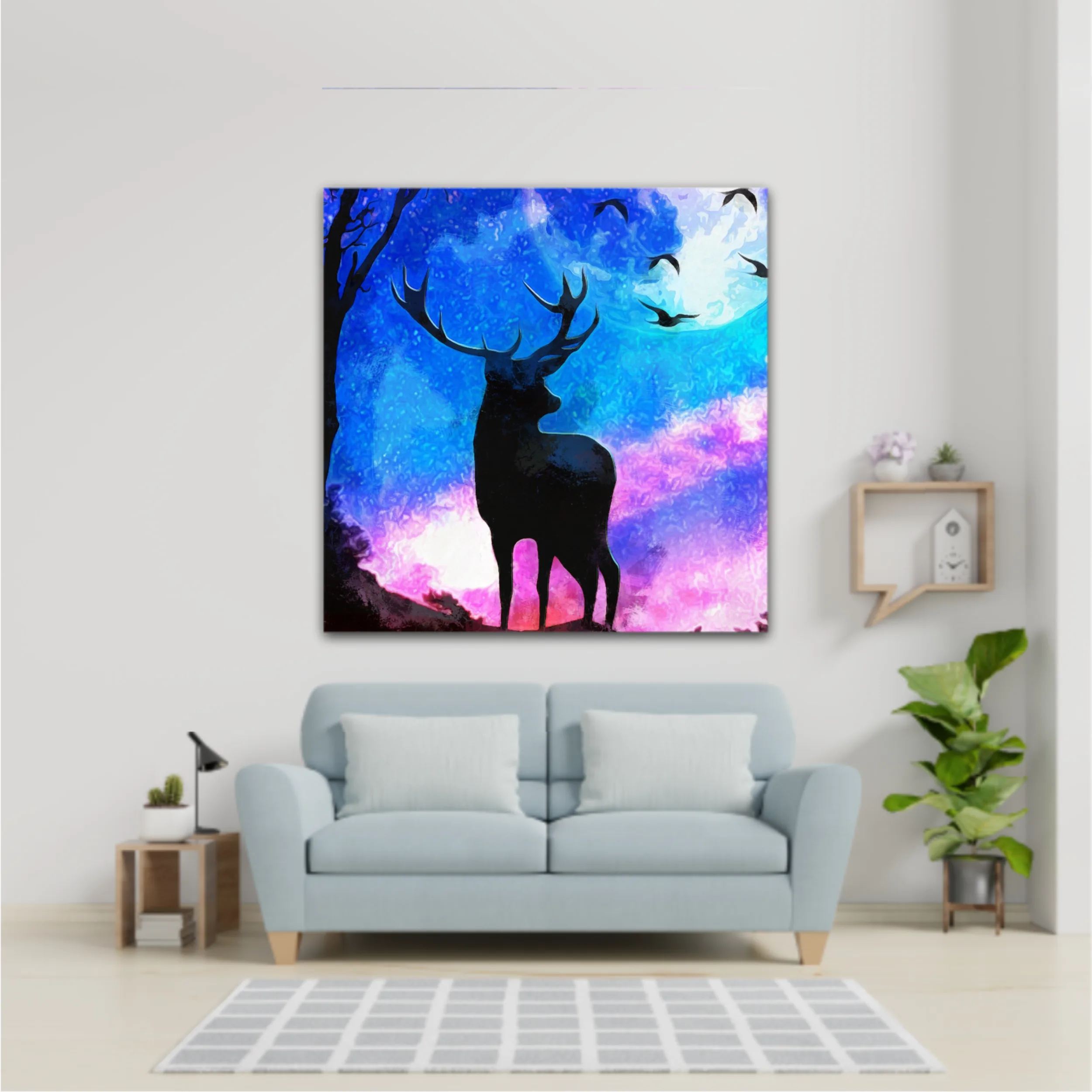 Landscape of the deer in a forest at night with dark blue misty background with moon