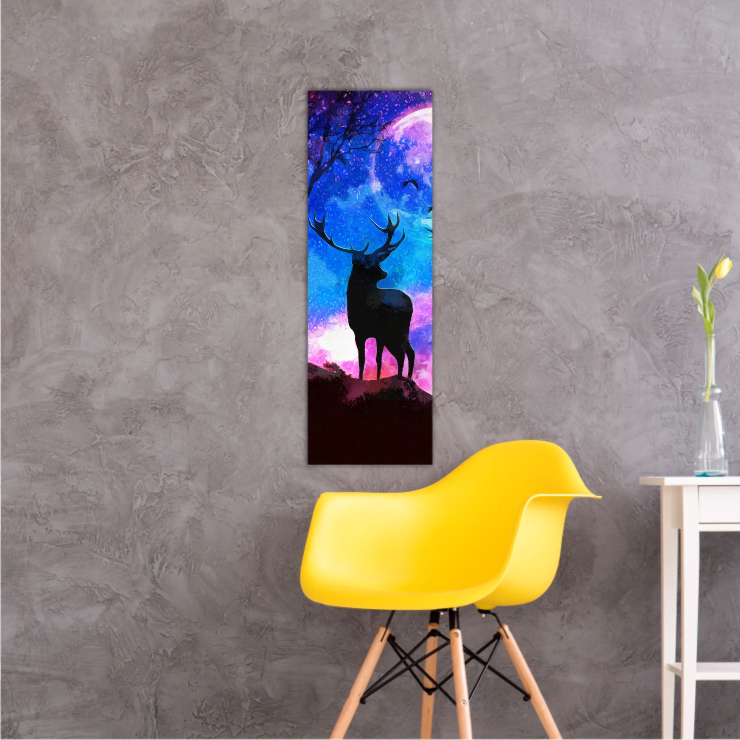 Landscape of the deer in a forest at night with dark blue misty background with moon