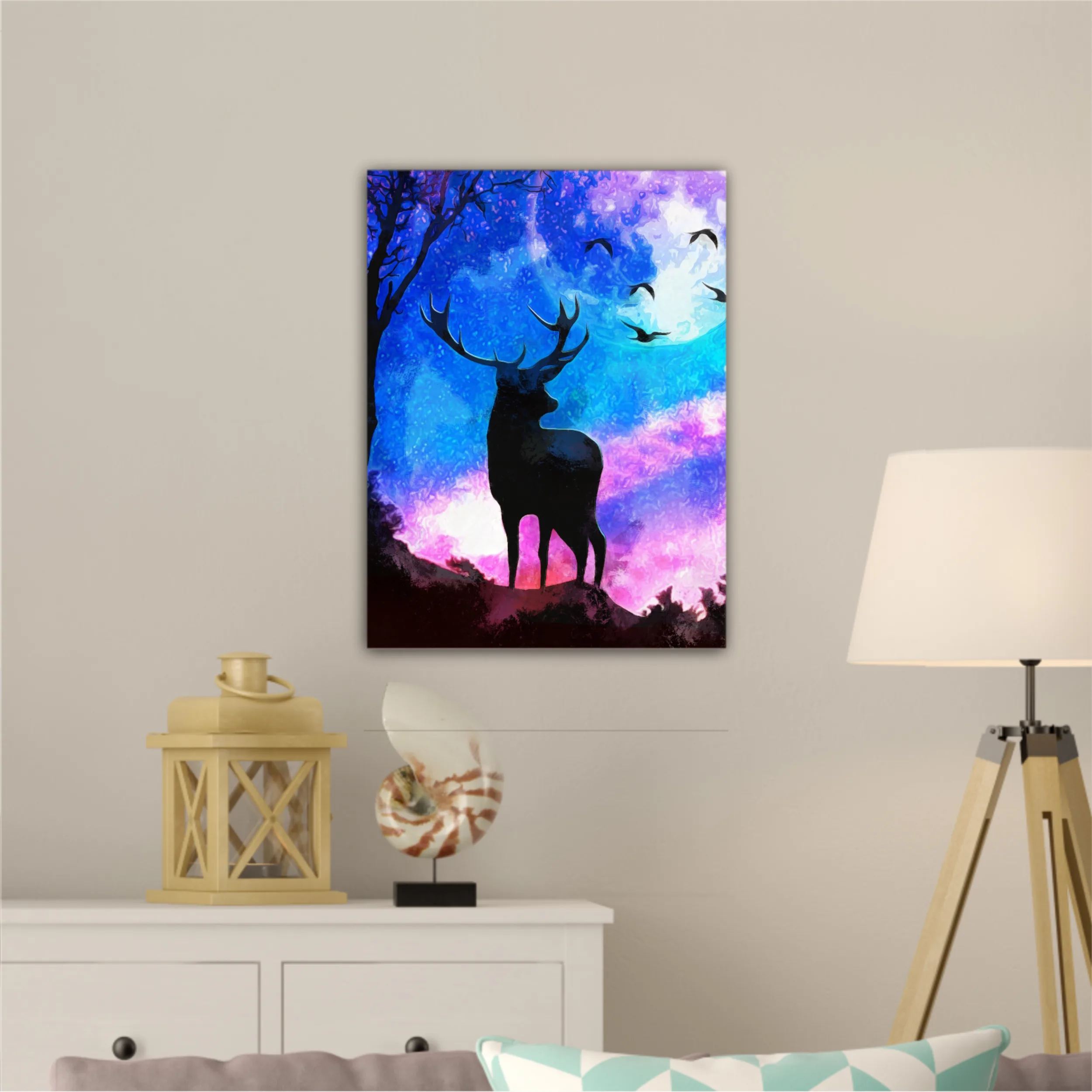 Landscape of the deer in a forest at night with dark blue misty background with moon