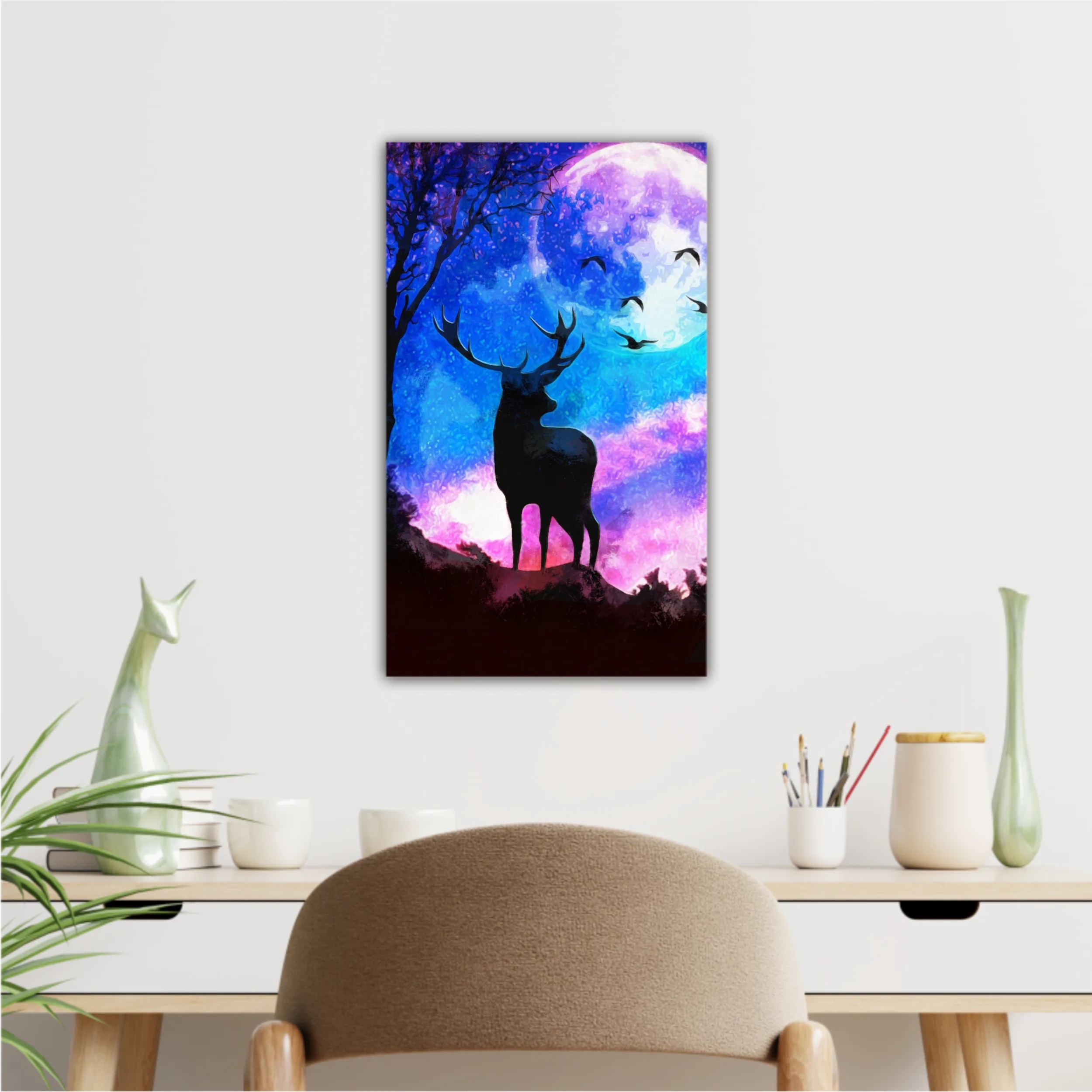 Landscape of the deer in a forest at night with dark blue misty background with moon