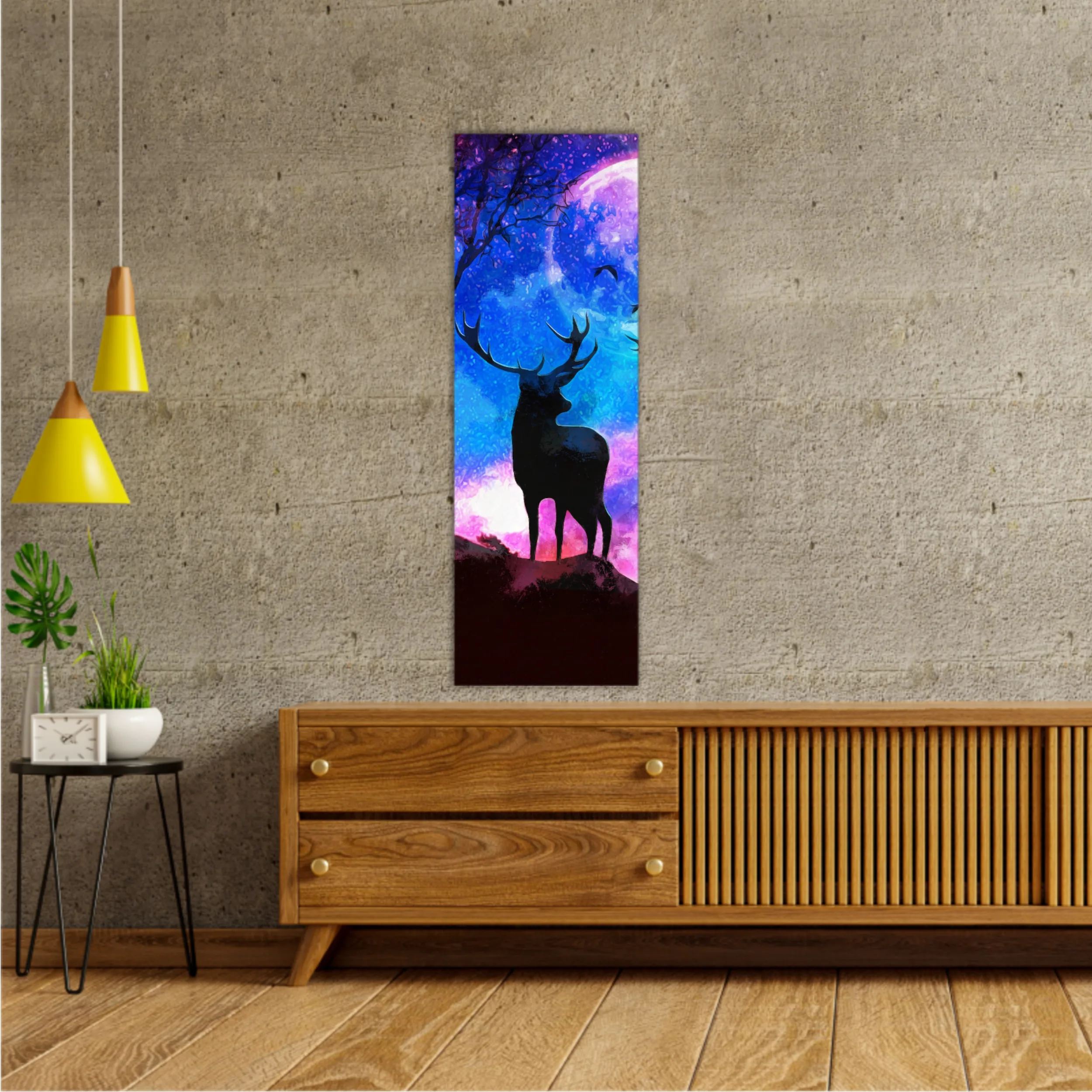 Landscape of the deer in a forest at night with dark blue misty background with moon