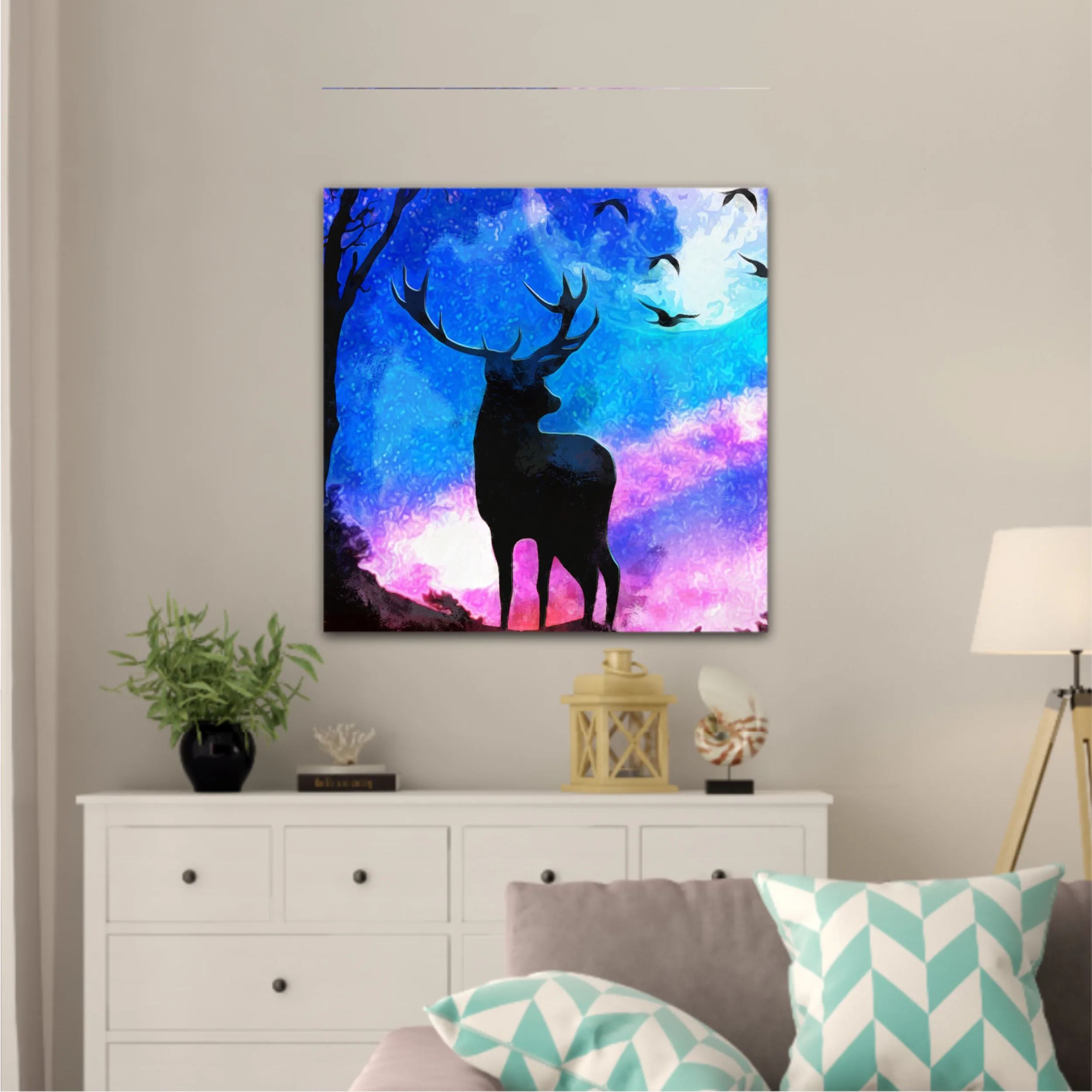 Landscape of the deer in a forest at night with dark blue misty background with moon