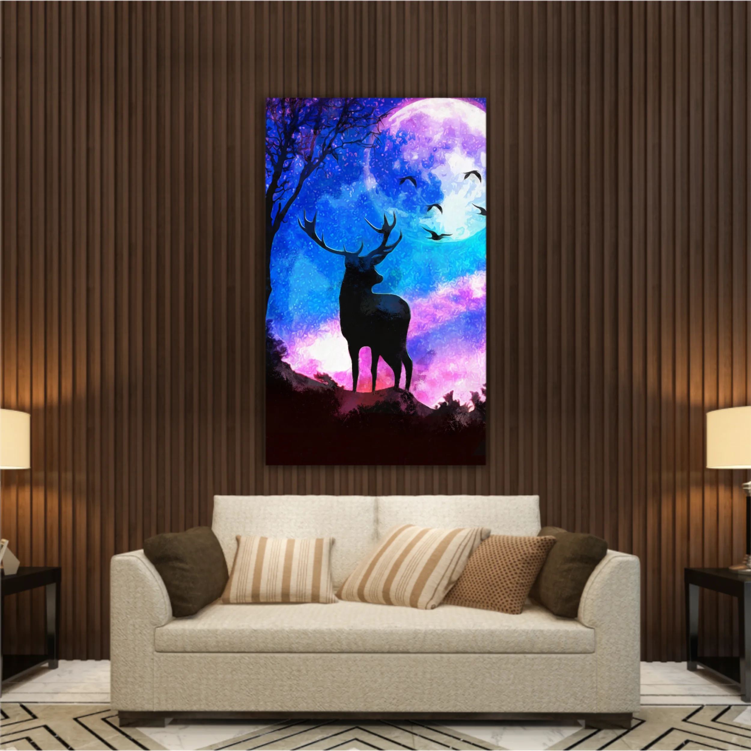 Landscape of the deer in a forest at night with dark blue misty background with moon