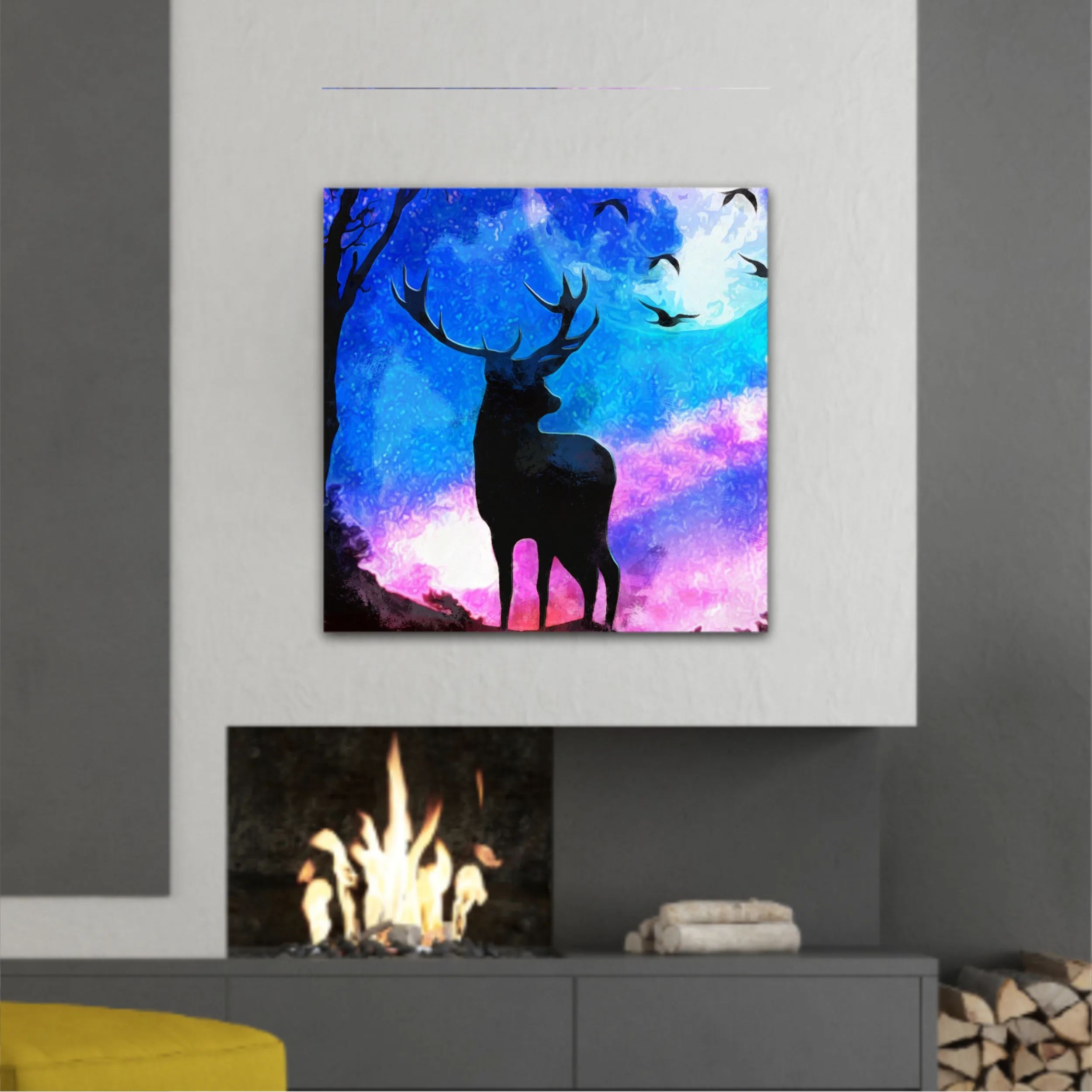 Landscape of the deer in a forest at night with dark blue misty background with moon