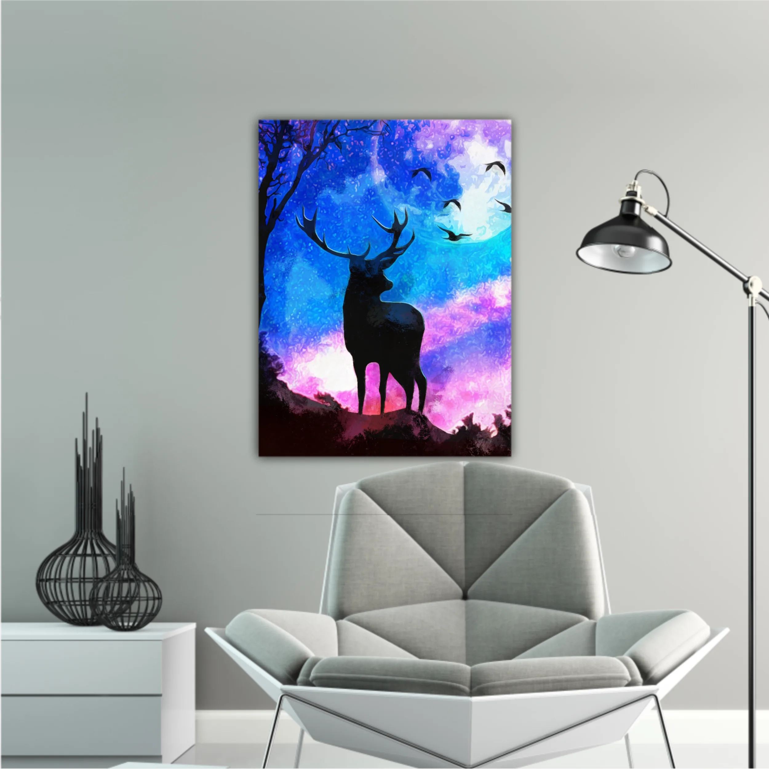 Landscape of the deer in a forest at night with dark blue misty background with moon