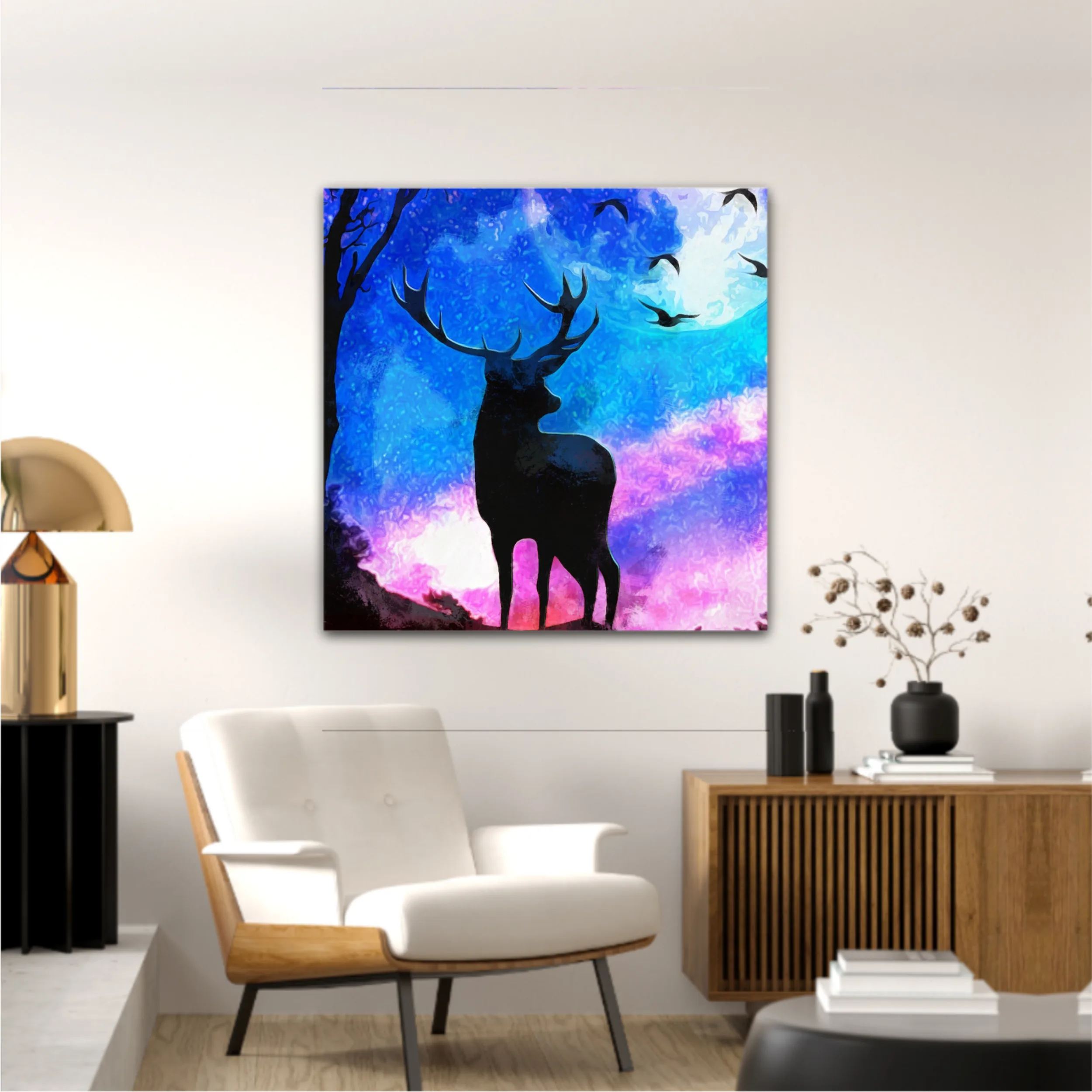 Landscape of the deer in a forest at night with dark blue misty background with moon