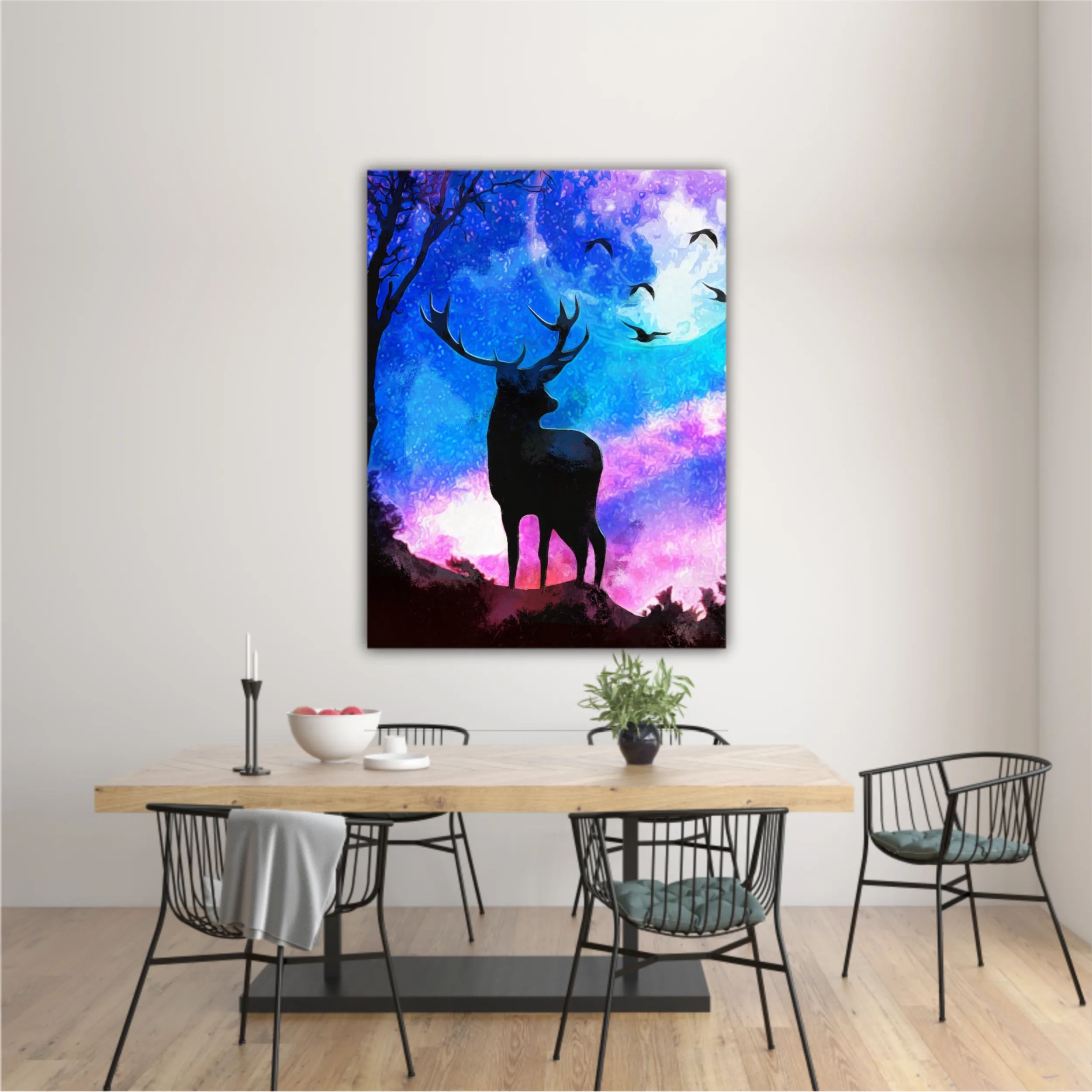 Landscape of the deer in a forest at night with dark blue misty background with moon