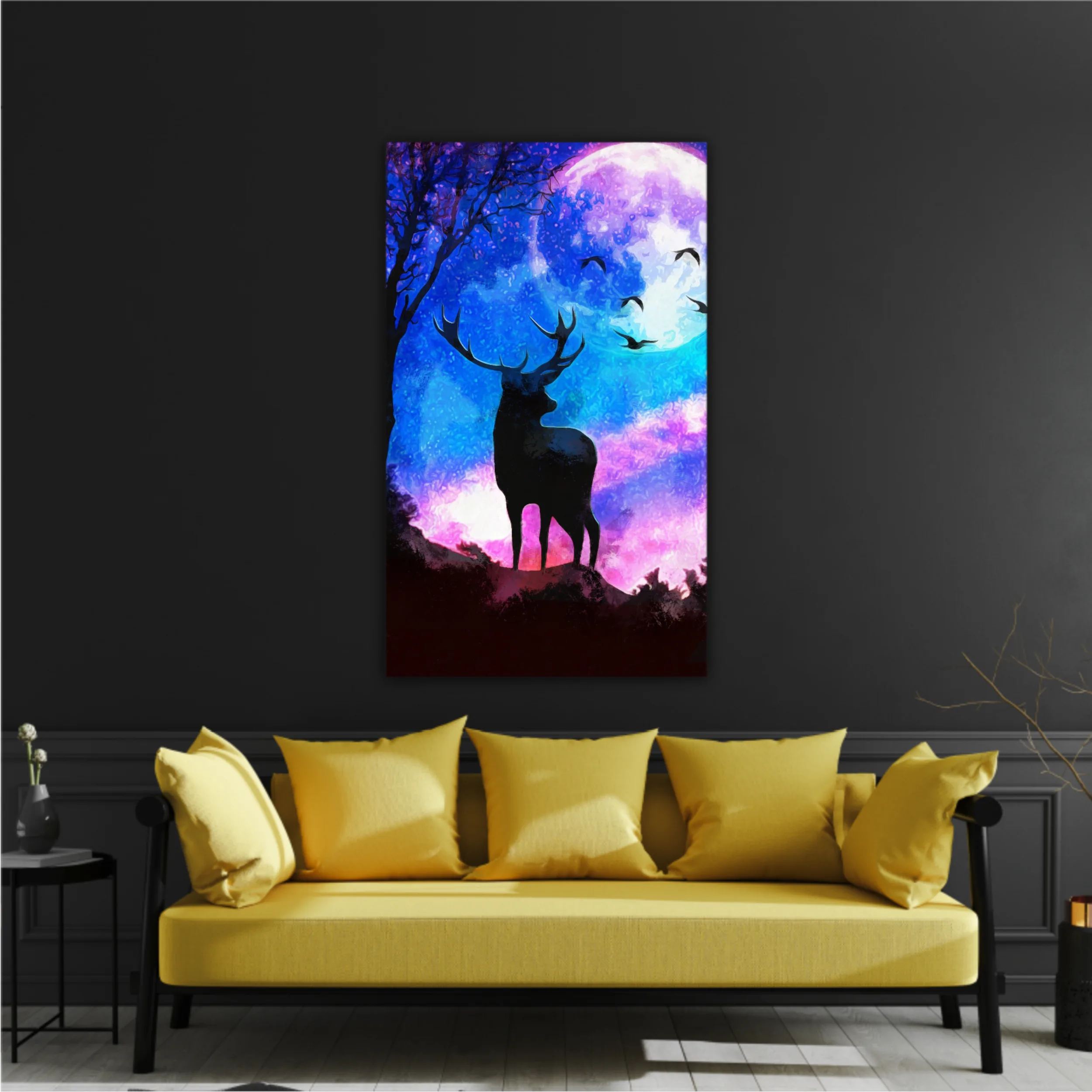 Landscape of the deer in a forest at night with dark blue misty background with moon