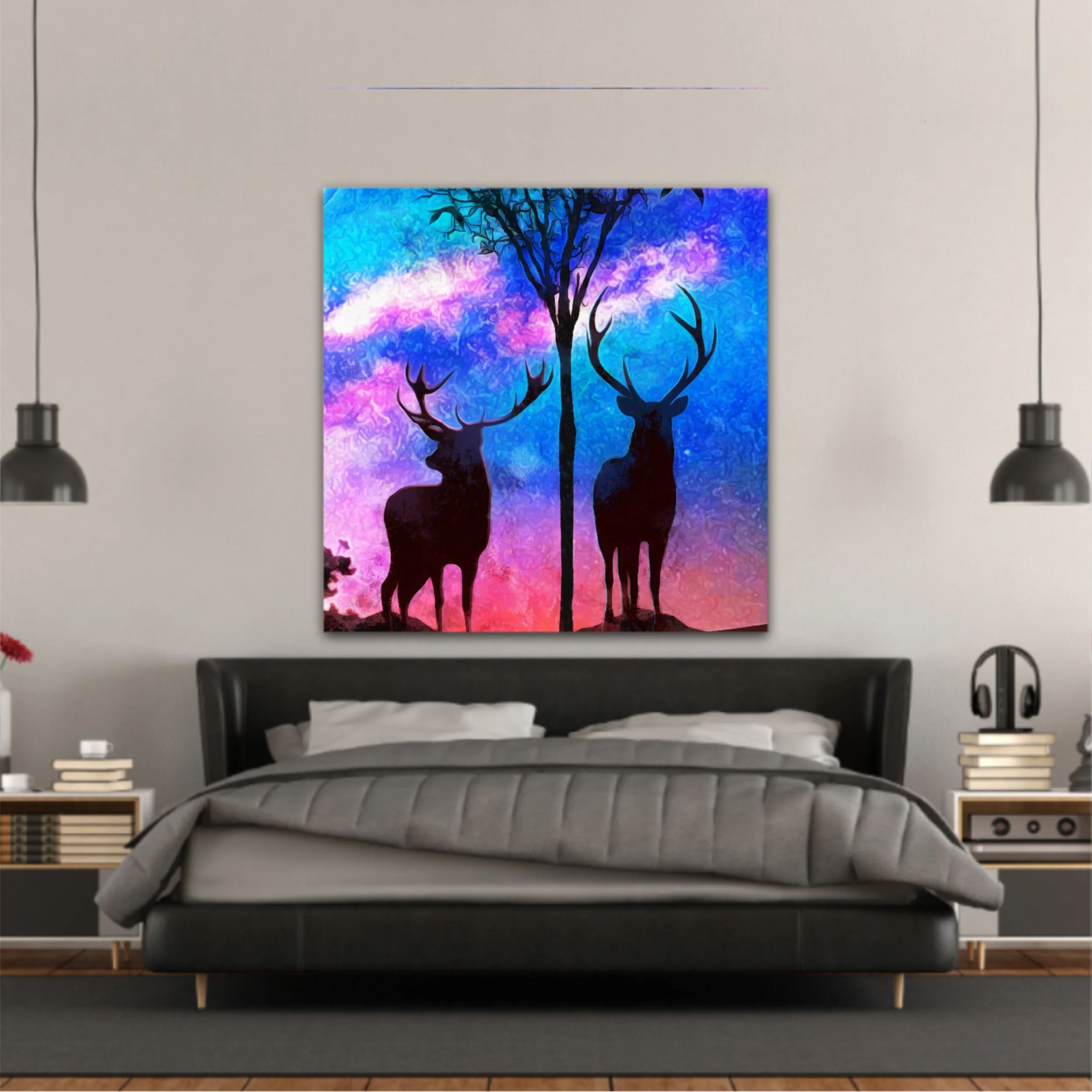 Landscape of two deer in a forest at night with dark blue misty background with moon