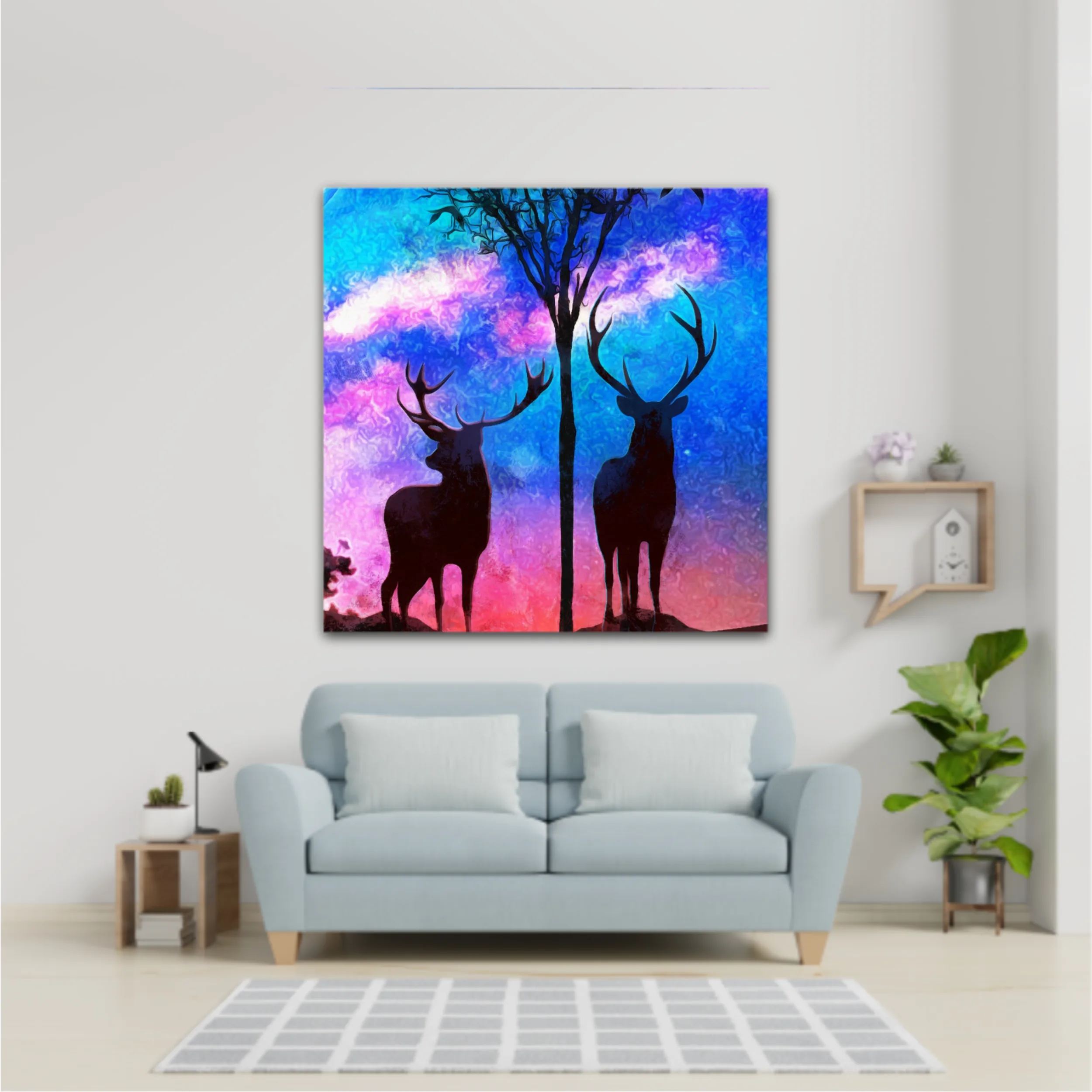 Landscape of two deer in a forest at night with dark blue misty background with moon