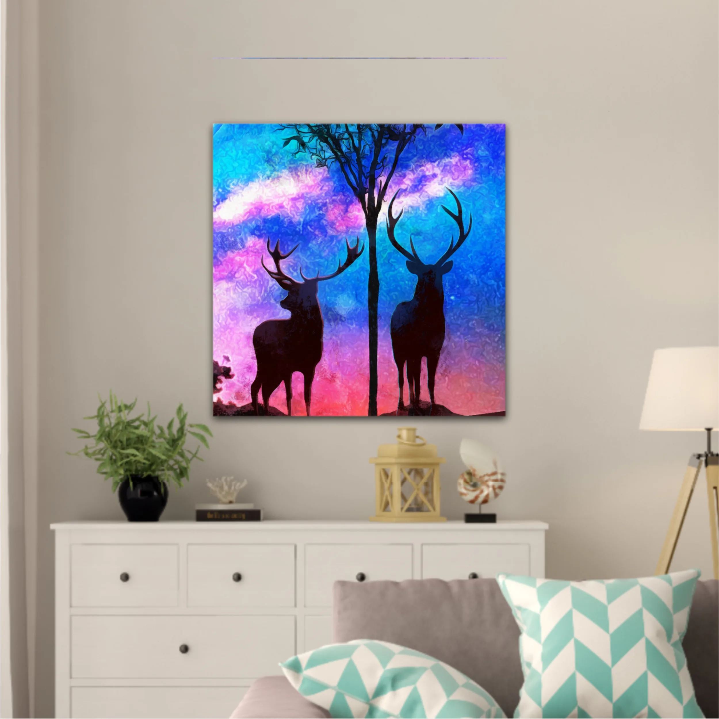 Landscape of two deer in a forest at night with dark blue misty background with moon