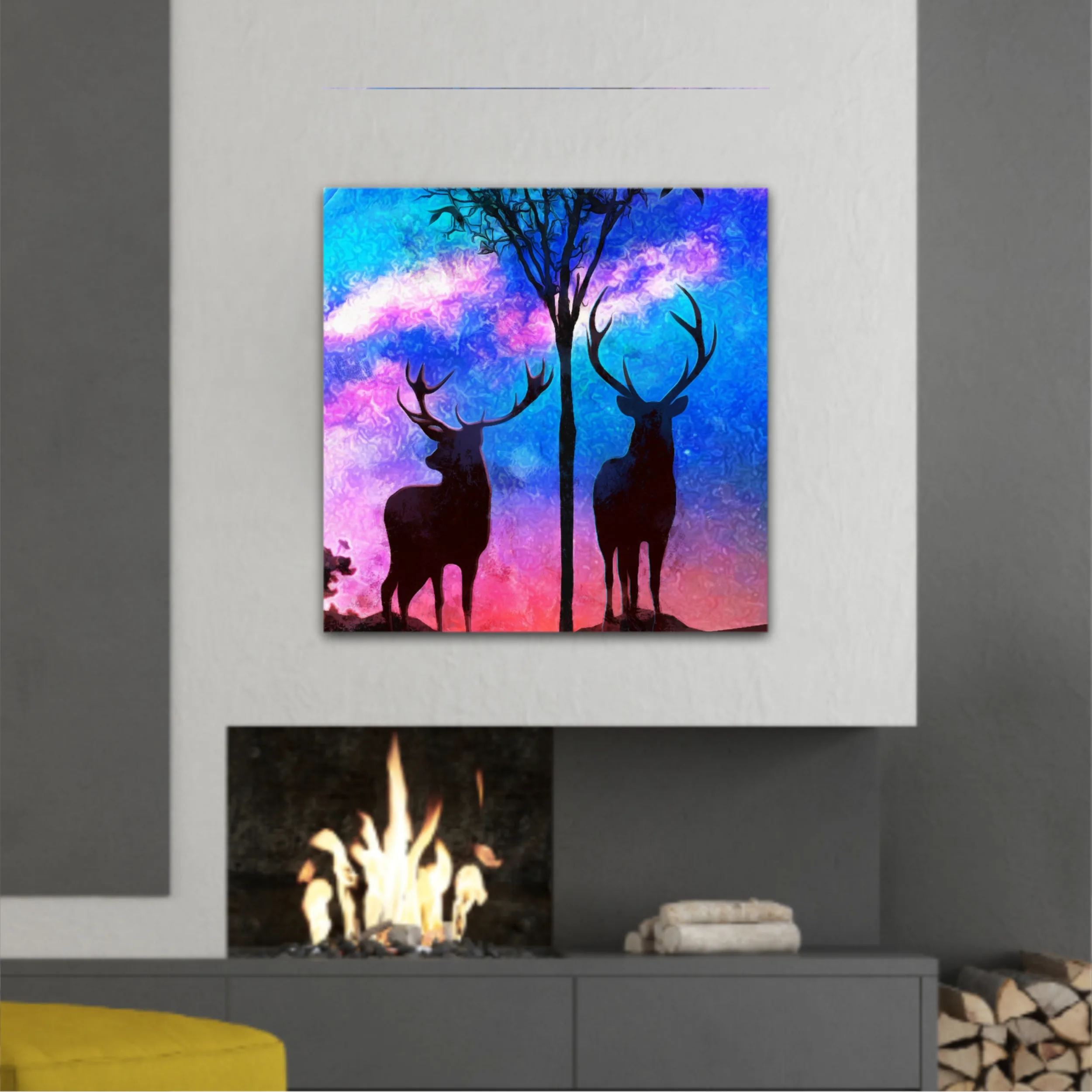 Landscape of two deer in a forest at night with dark blue misty background with moon