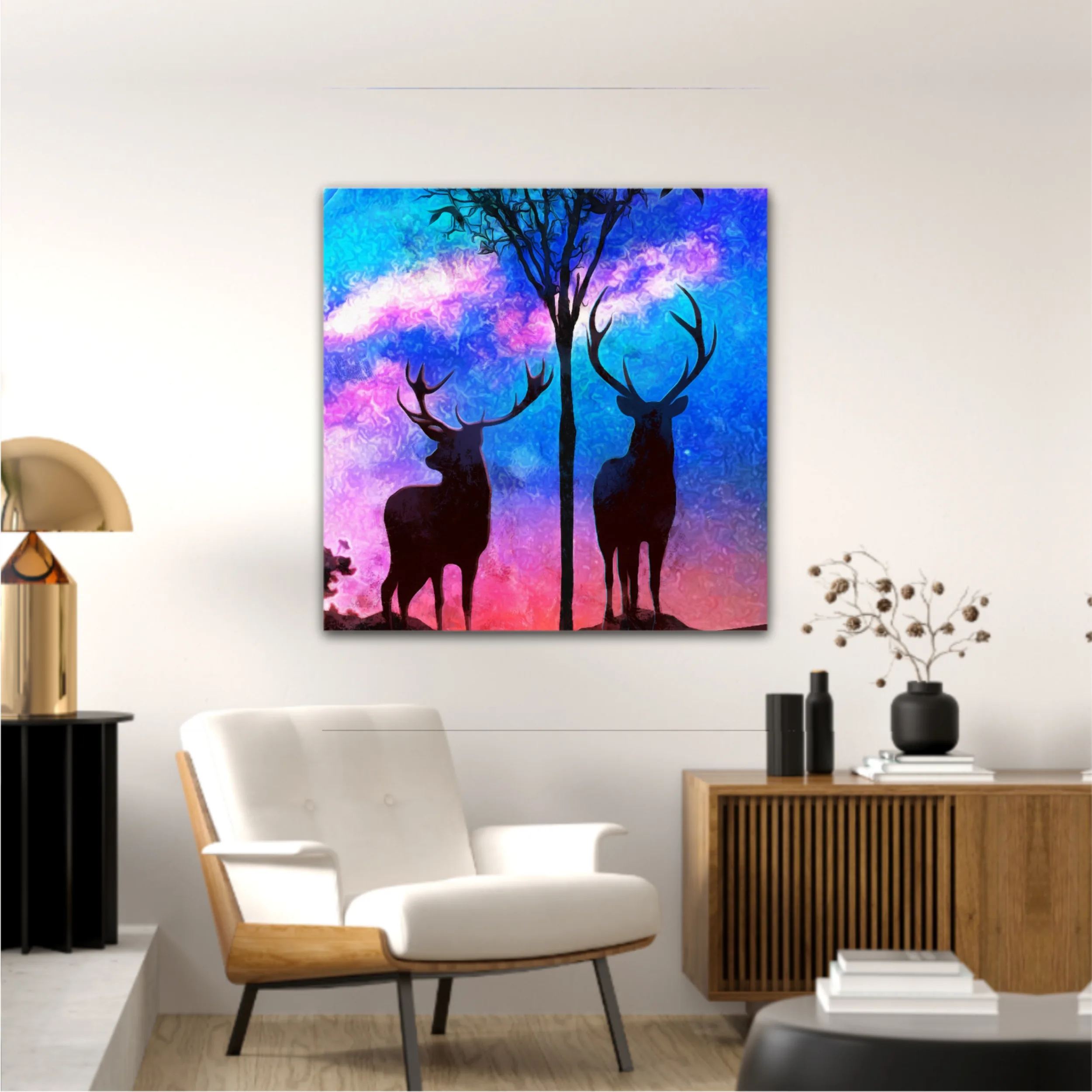 Landscape of two deer in a forest at night with dark blue misty background with moon