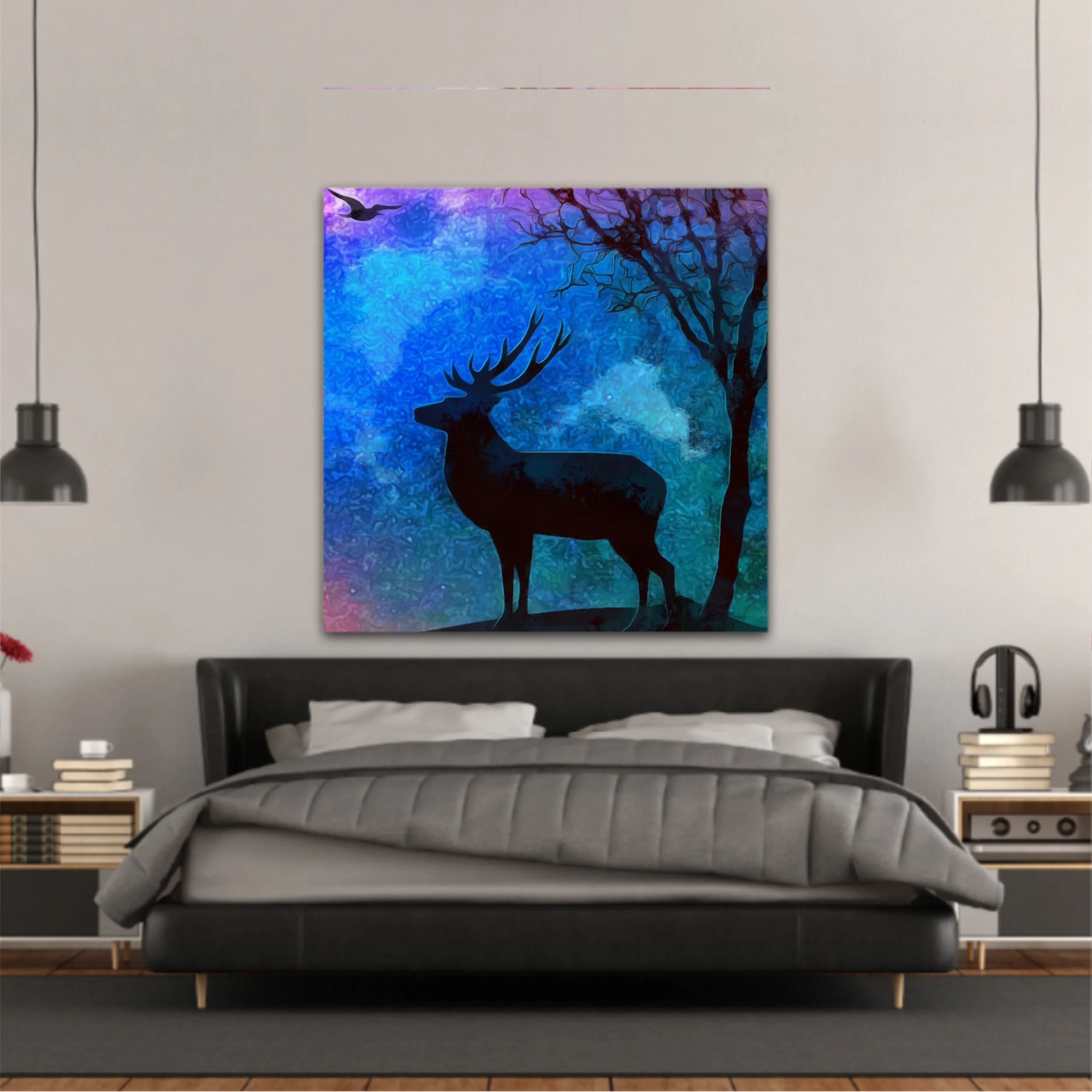 Landscape of the deer in a forest at night with dark blue misty background with moon