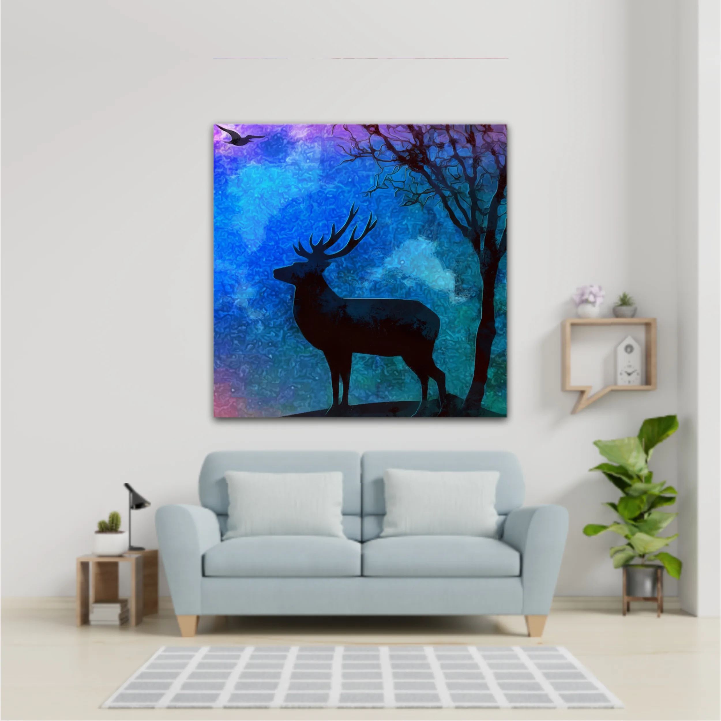 Landscape of the deer in a forest at night with dark blue misty background with moon