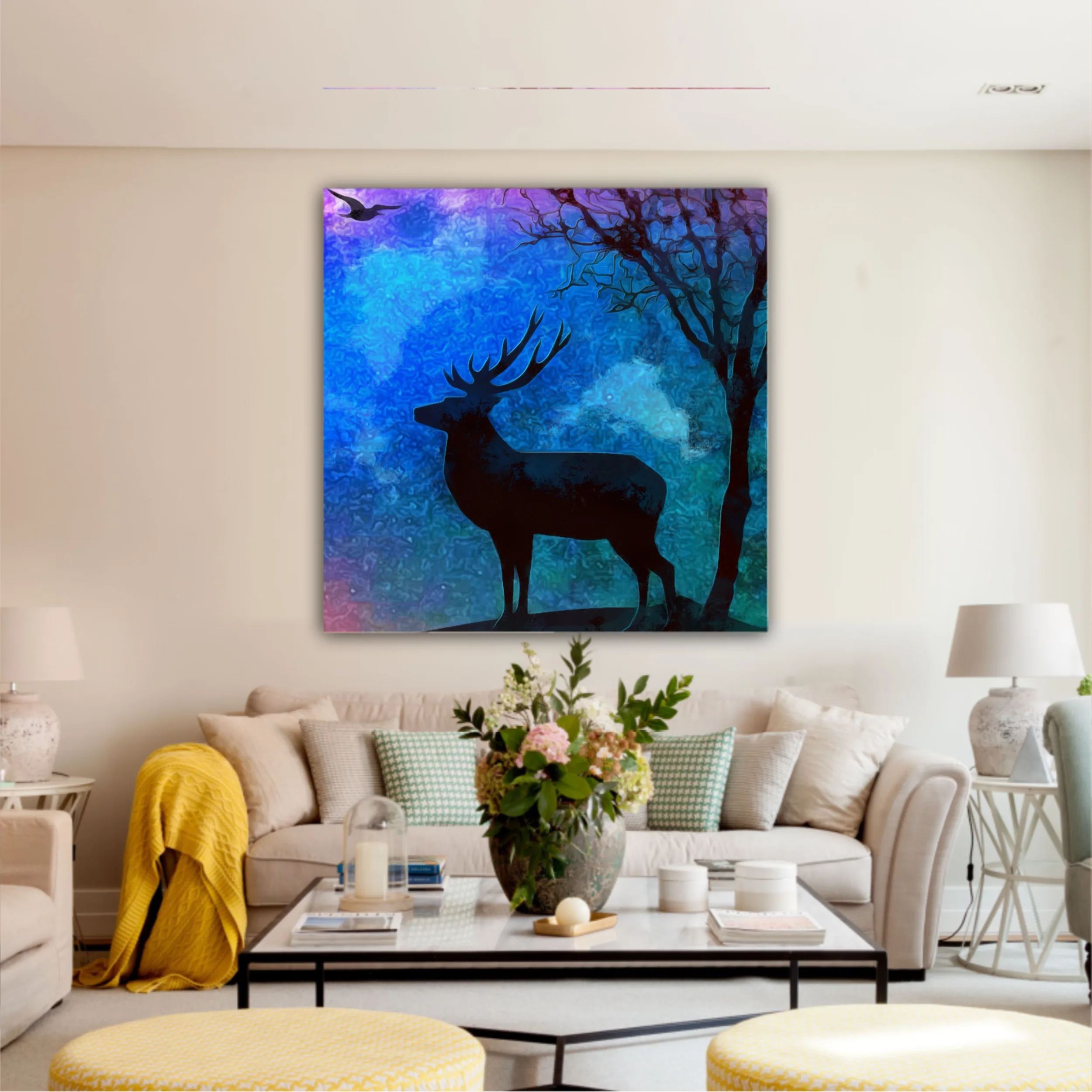 Landscape of the deer in a forest at night with dark blue misty background with moon