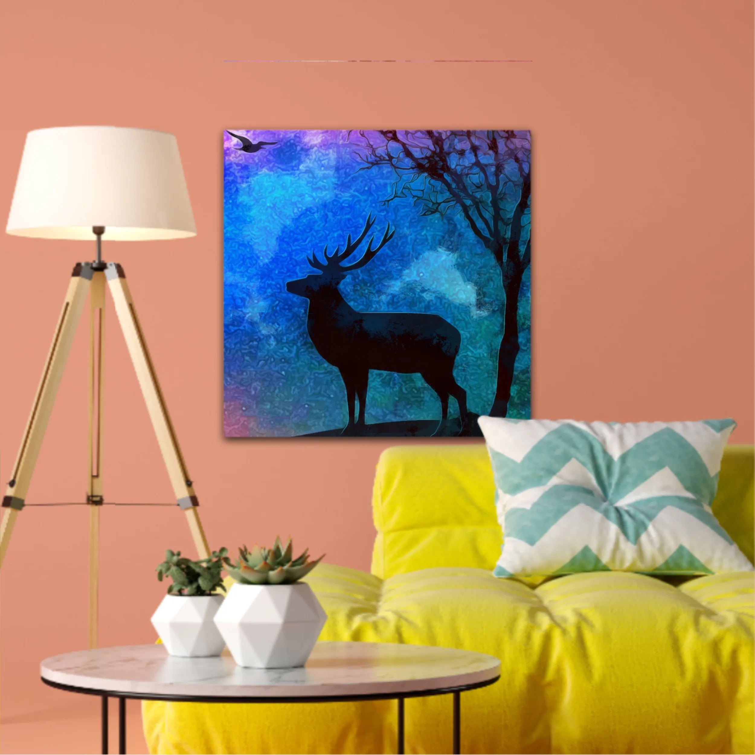 Landscape of the deer in a forest at night with dark blue misty background with moon