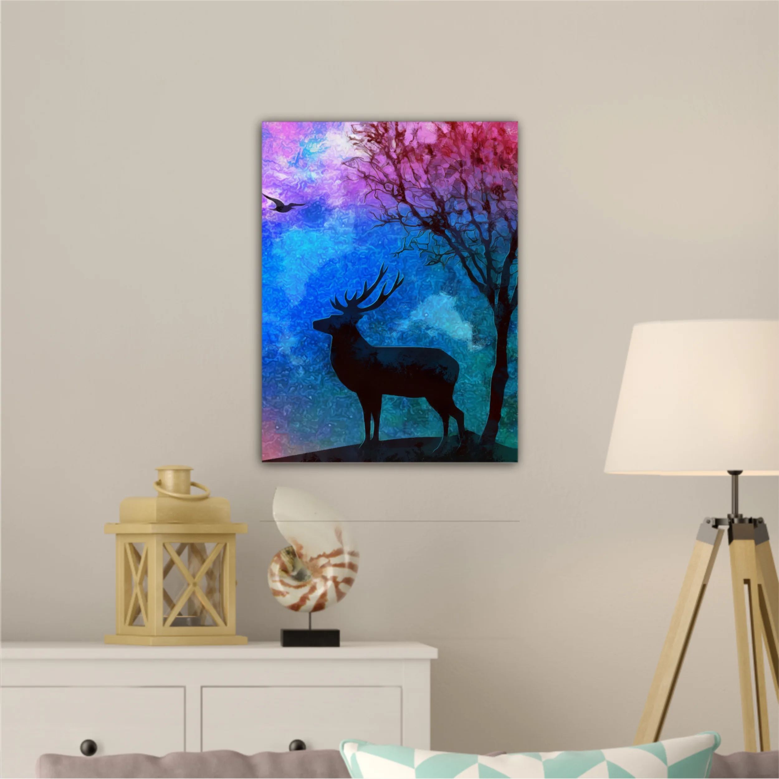 Landscape of the deer in a forest at night with dark blue misty background with moon