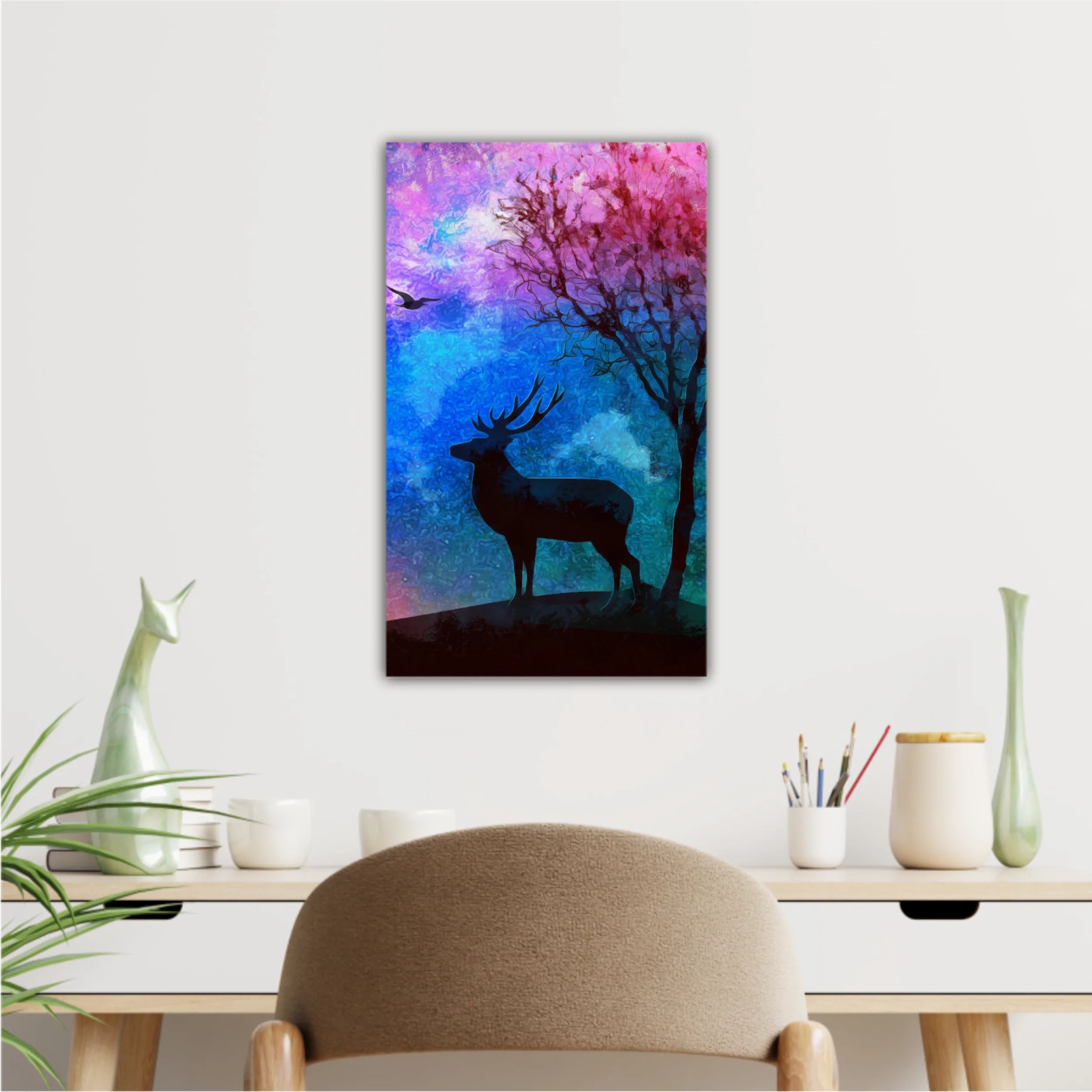 Landscape of the deer in a forest at night with dark blue misty background with moon