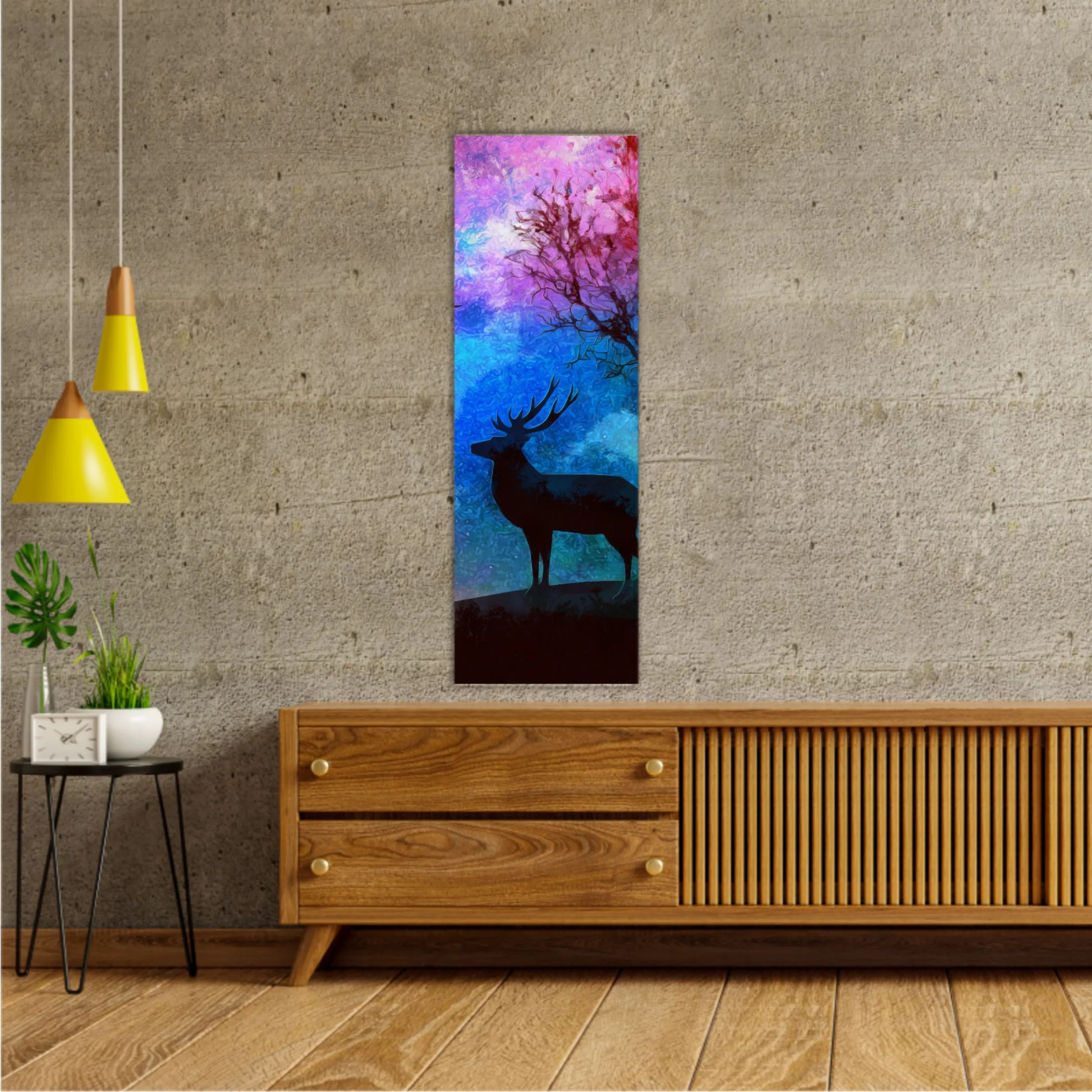 Landscape of the deer in a forest at night with dark blue misty background with moon