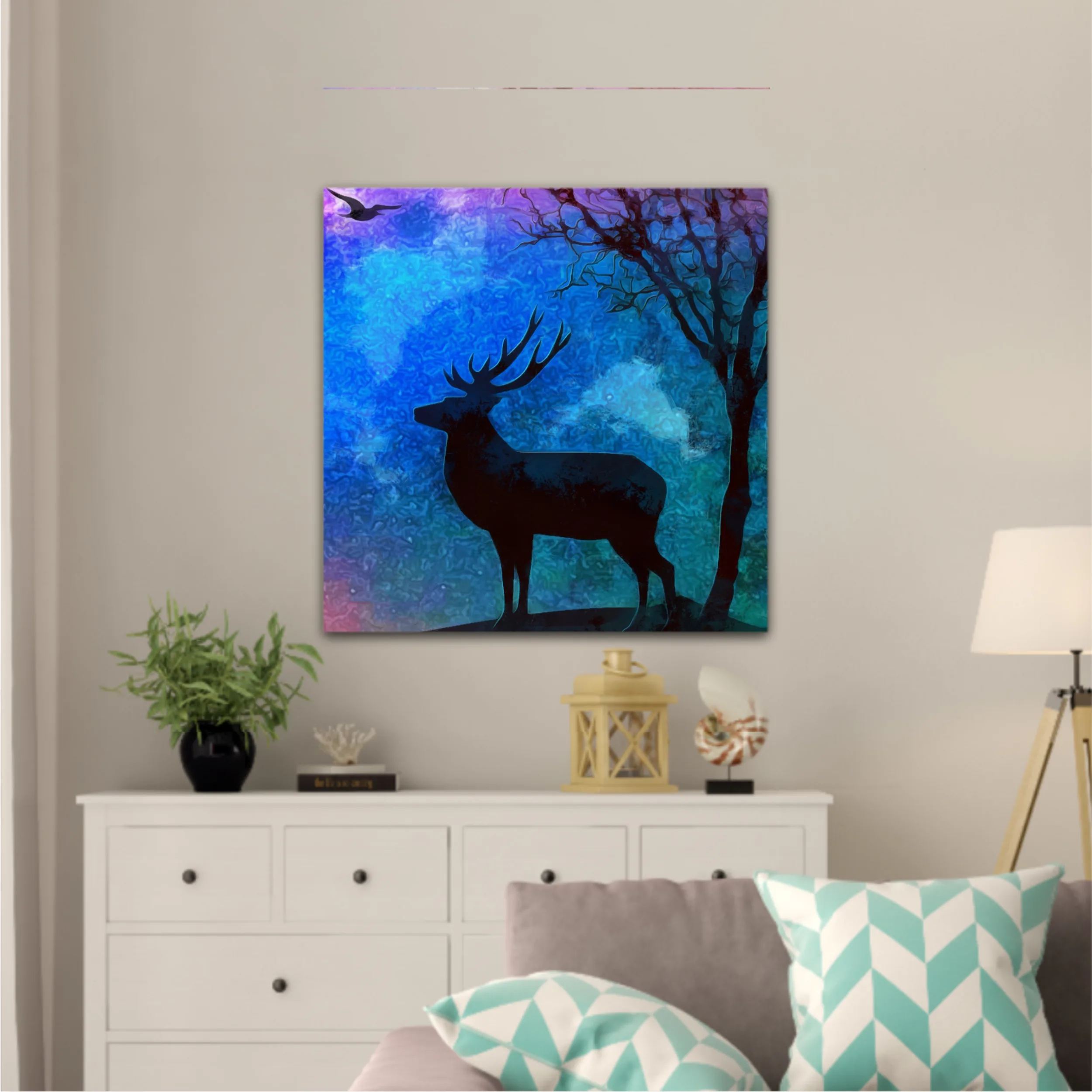 Landscape of the deer in a forest at night with dark blue misty background with moon