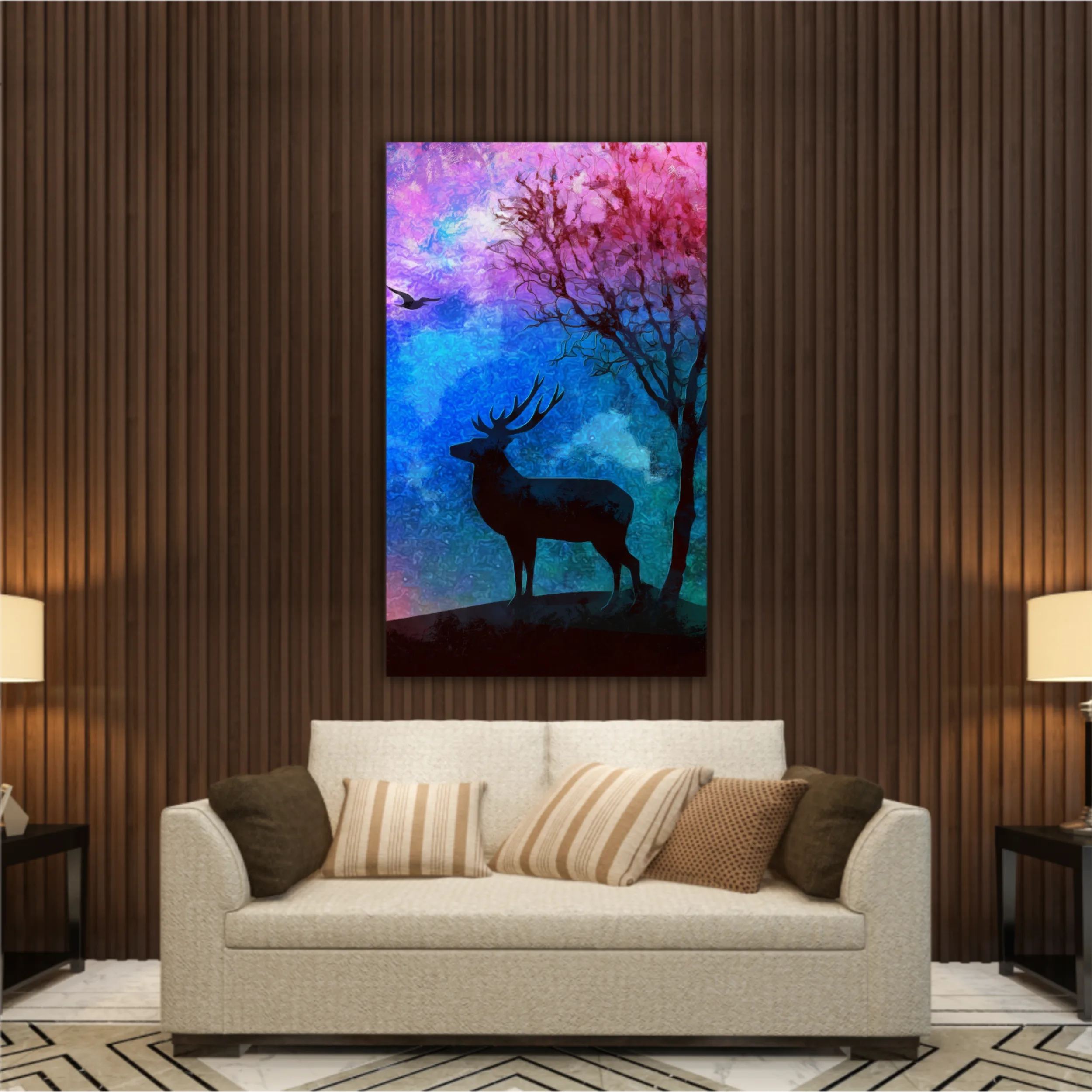 Landscape of the deer in a forest at night with dark blue misty background with moon