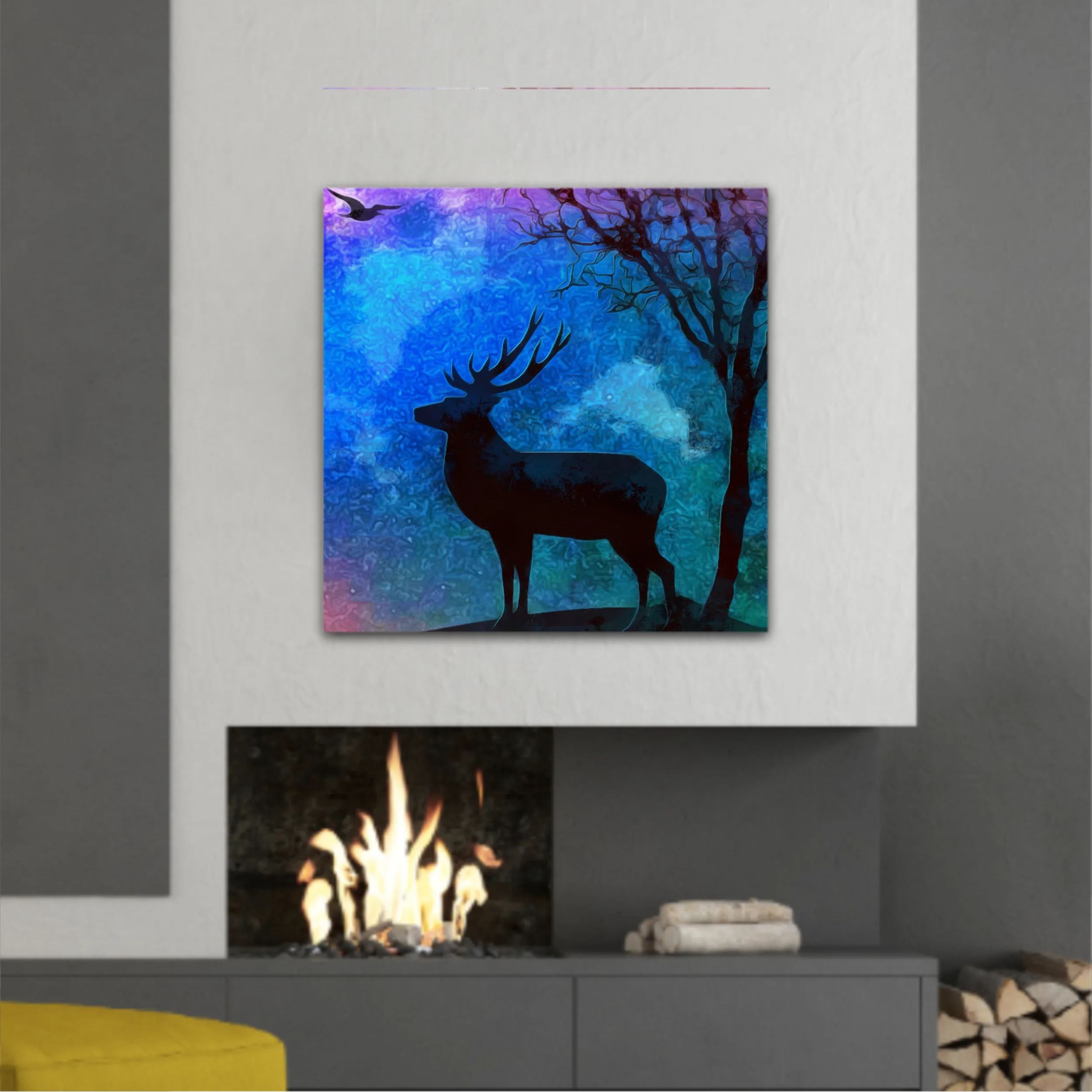 Landscape of the deer in a forest at night with dark blue misty background with moon