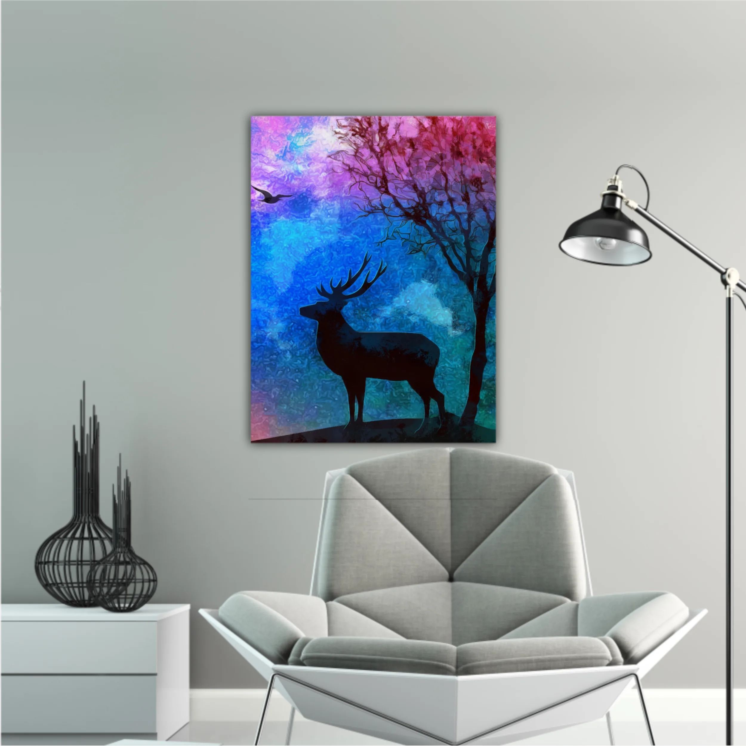 Landscape of the deer in a forest at night with dark blue misty background with moon