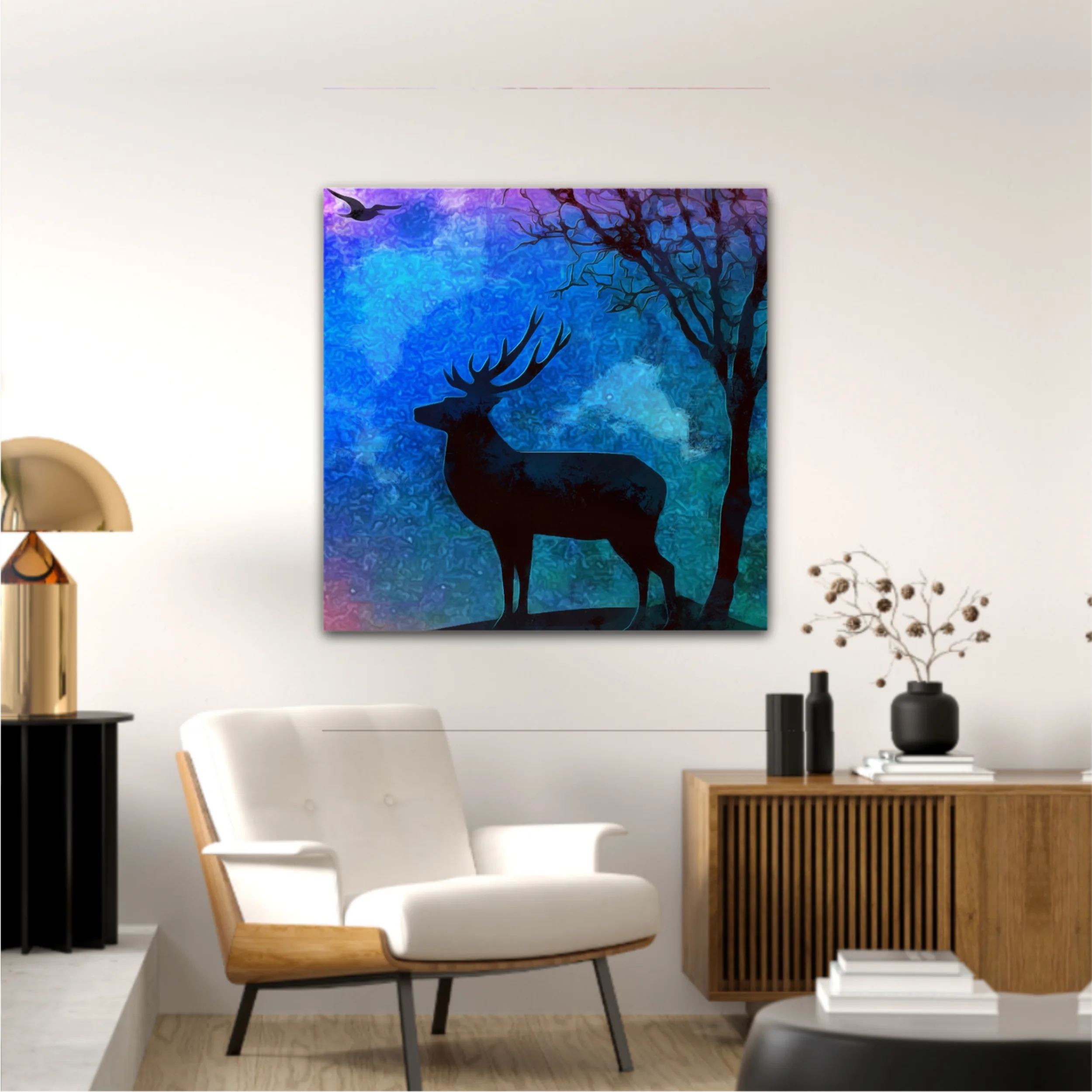 Landscape of the deer in a forest at night with dark blue misty background with moon