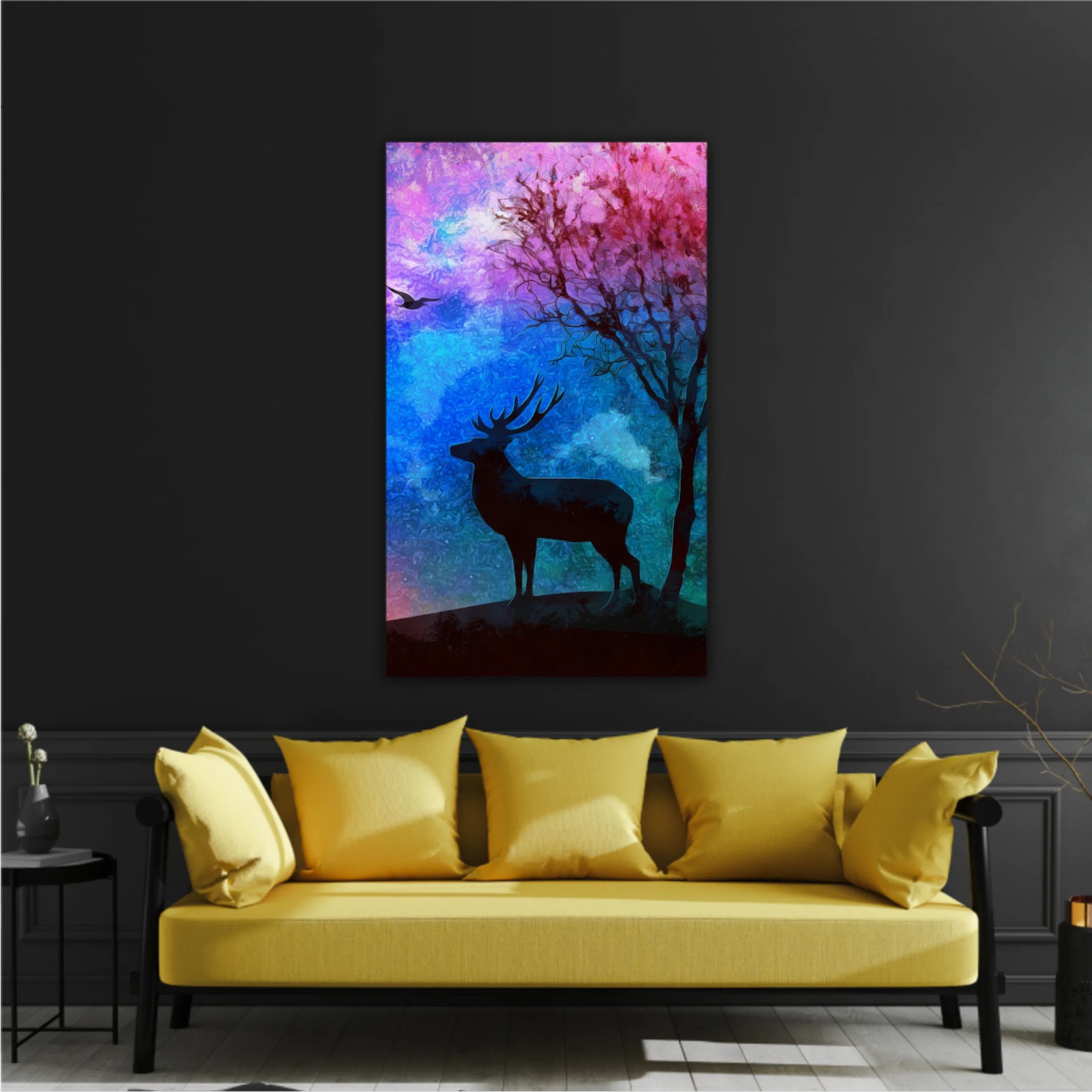 Landscape of the deer in a forest at night with dark blue misty background with moon