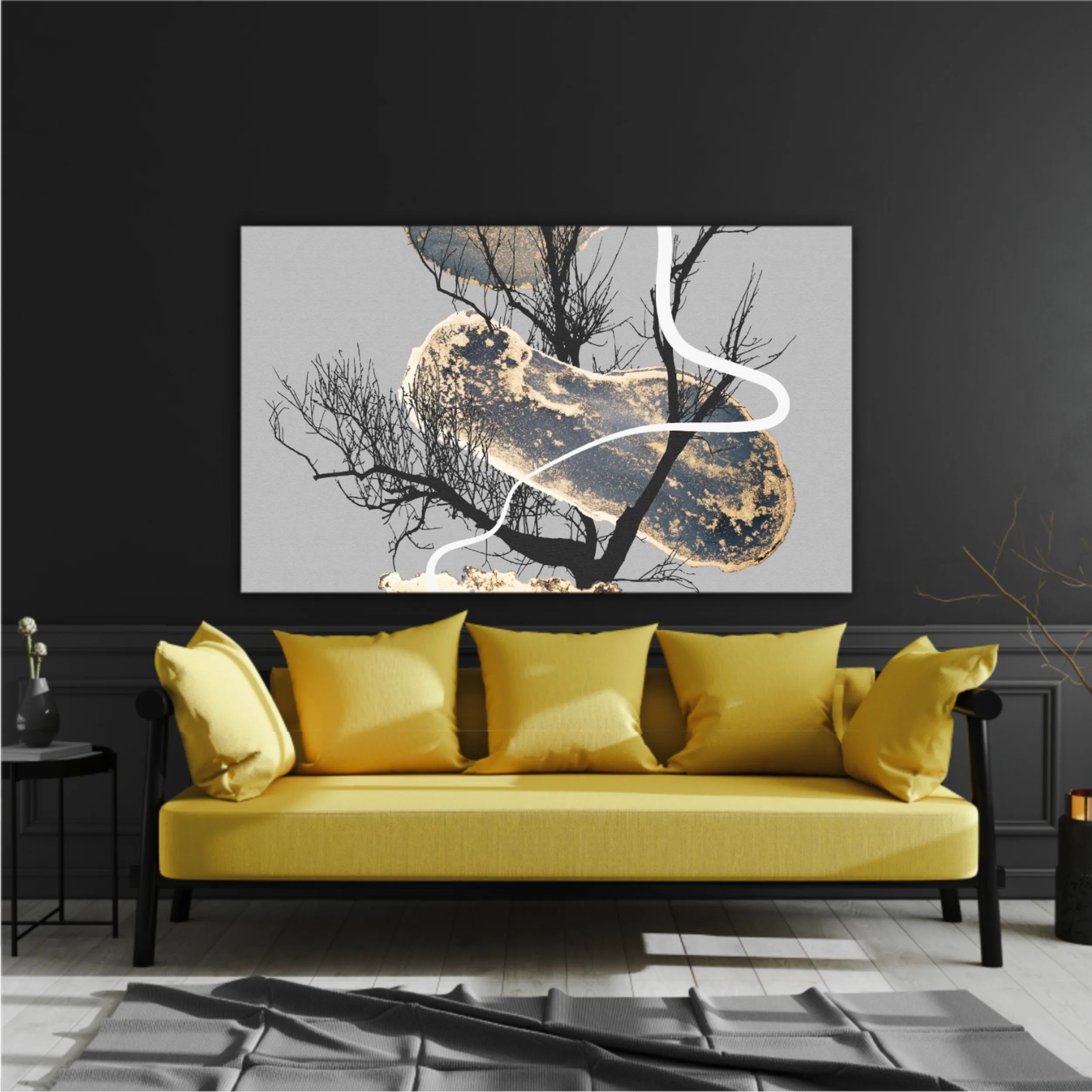 Abstract art background with glowing gold alcohol ink elements and geometric forms N1