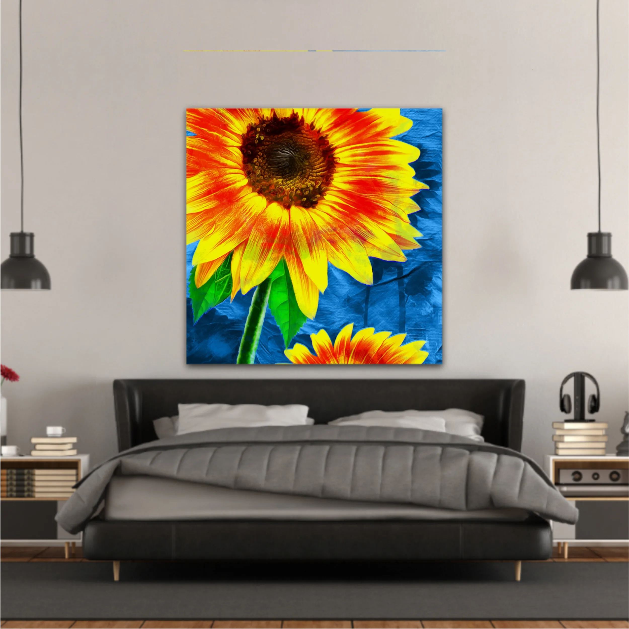 Yellow sunflowers on blue abstract background N1