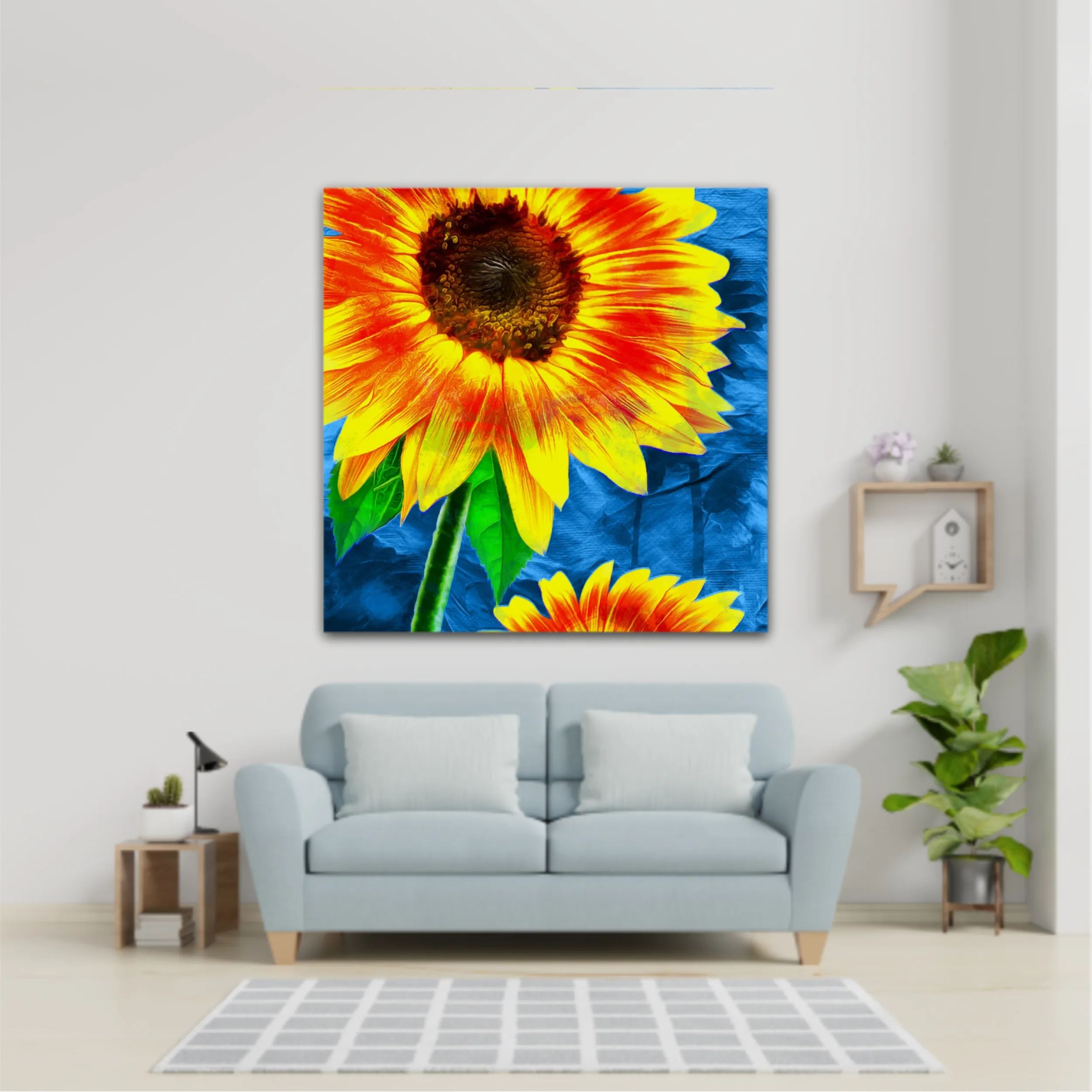 Yellow sunflowers on blue abstract background N1