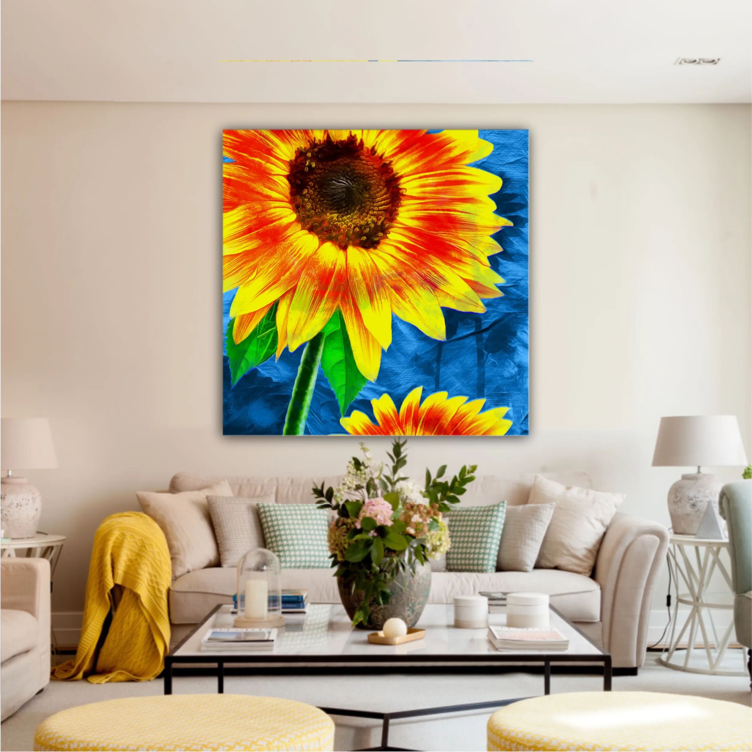 Yellow sunflowers on blue abstract background N1