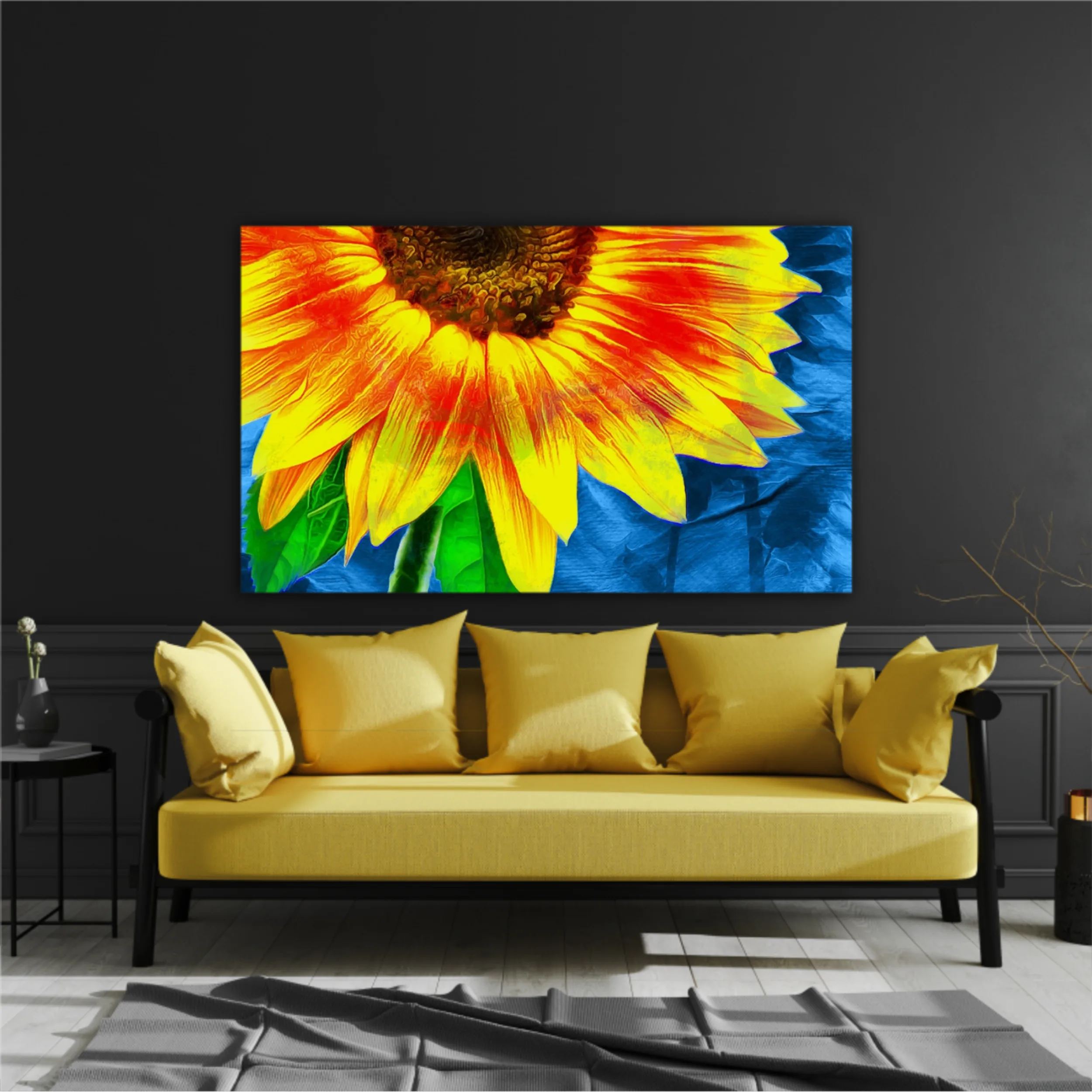 Yellow sunflowers on blue abstract background N1