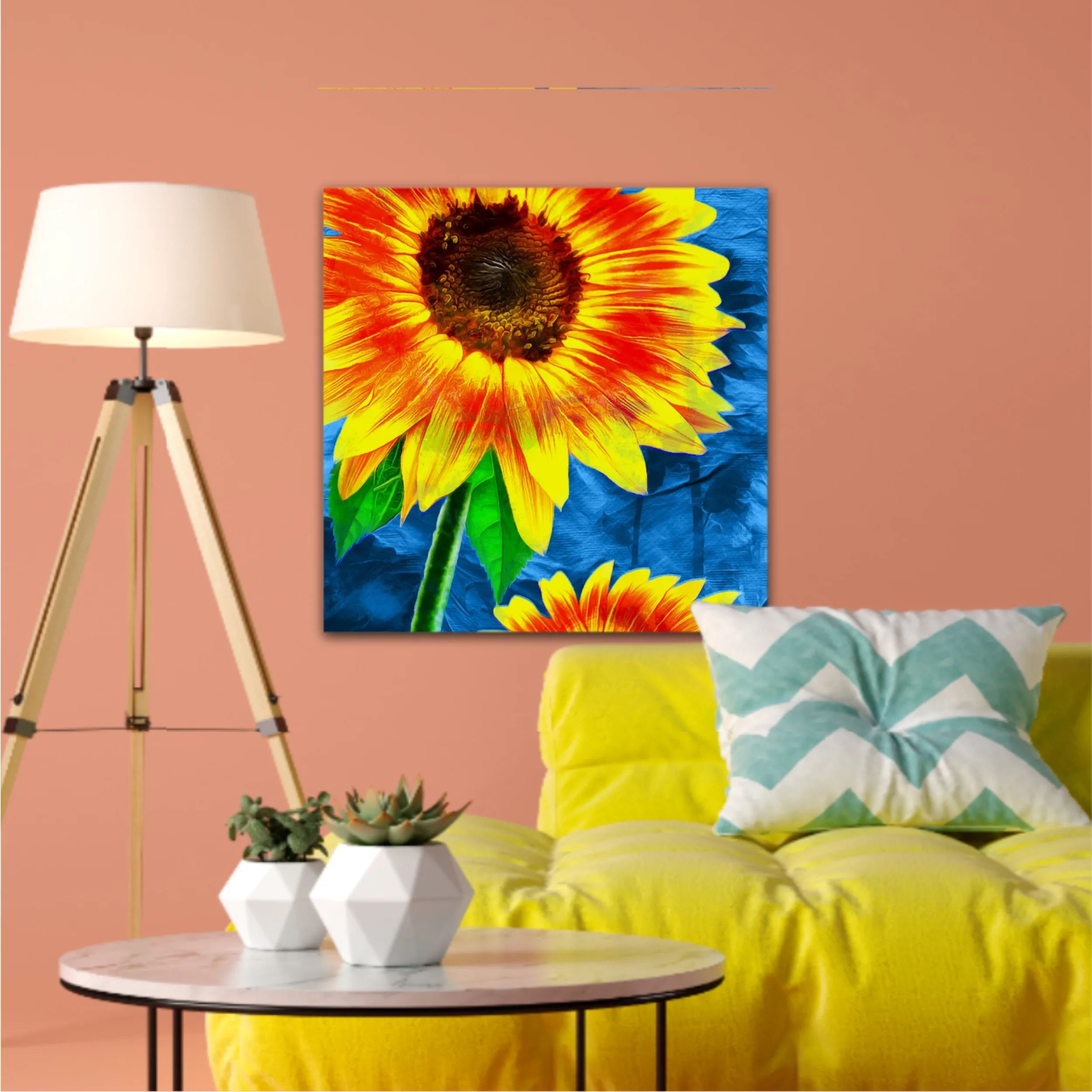 Yellow sunflowers on blue abstract background N1